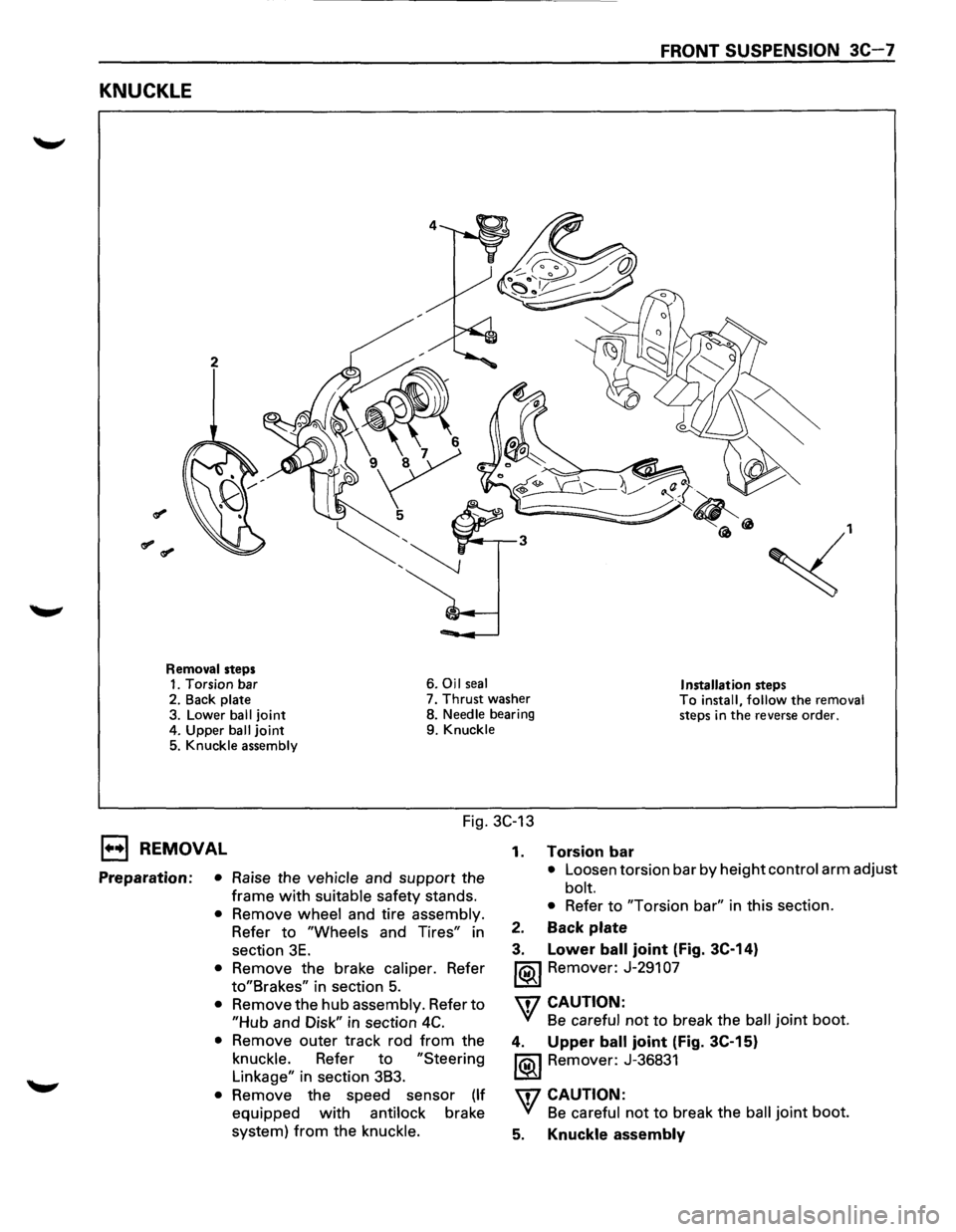 ISUZU TROOPER 1995  Workshop Manual FRONT SUSPENSION 3C-7 
KNUCKLE 
2 
~, 
Removal steps 1. Torsion  bar  6. Oil seal Installation steps 2. 
Back plate 7. Thrust  washer To install, follow the removal steps in the reverse order. 3. Lowe
