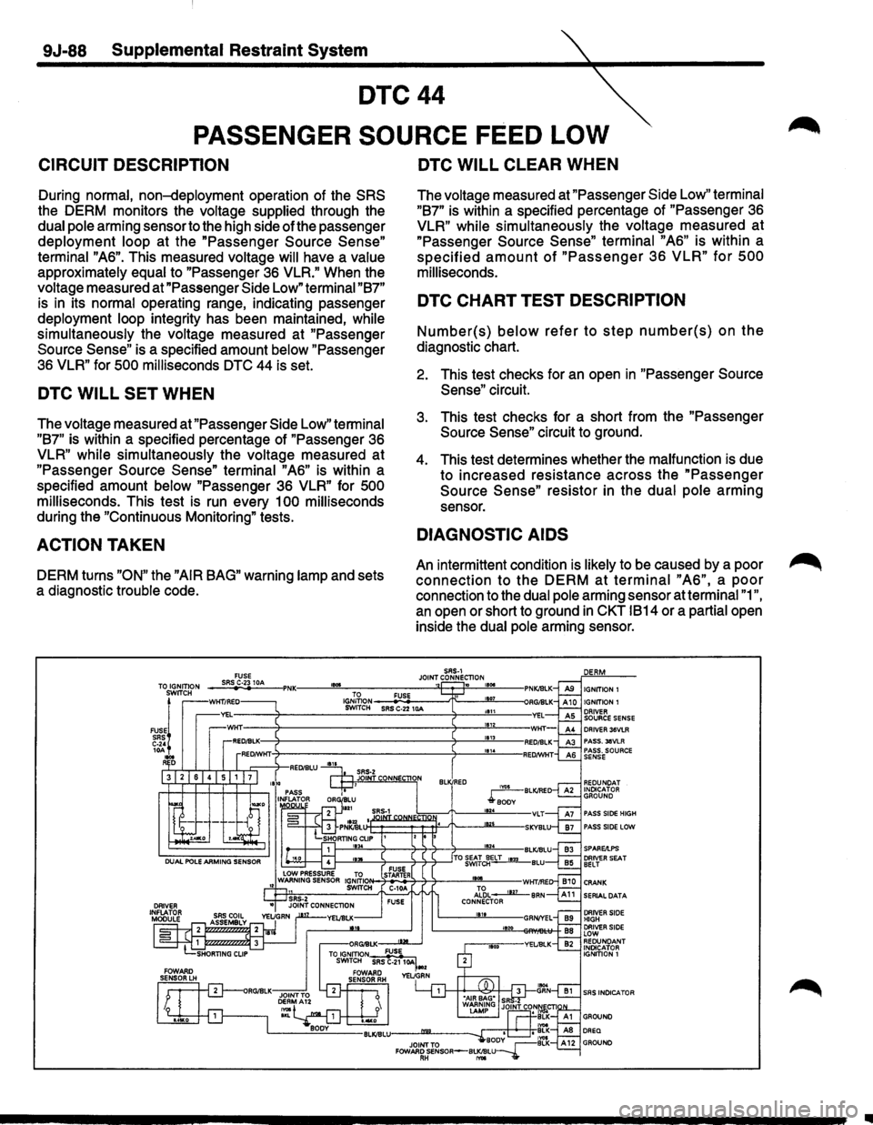 ISUZU TROOPER 1995 Repair Manual 9J-88 Supplemental Restraint System
DTC44
PASSENGER SOURCE FEED LOW
CIRCUIT DESCRIPTION
During normal, non-deployment operation of the SRS
the DERM monitors the voltage supplied through the ISUZU TROOPER 1995 Repair Manual 9J-88 Supplemental Restraint System
DTC44
PASSENGER SOURCE FEED LOW
CIRCUIT DESCRIPTION
During normal, non-deployment operation of the SRS
the DERM monitors the voltage supplied through the