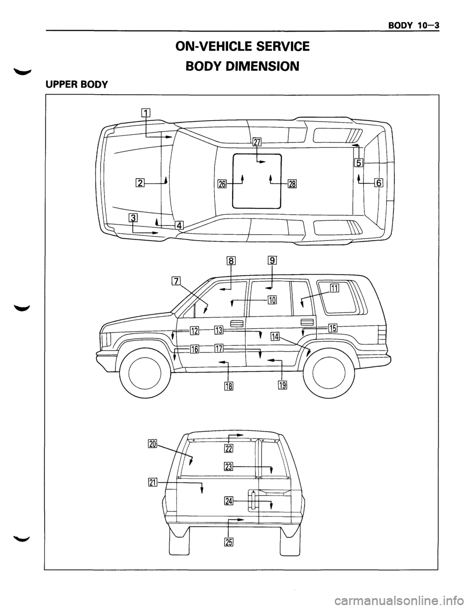 ISUZU TROOPER 1995 Workshop Manual UPPER BODY
ON-VEHICLE SERVICE
BODY DIMENSION
BODY 10-3 ISUZU TROOPER 1995 Workshop Manual UPPER BODY
ON-VEHICLE SERVICE
BODY DIMENSION
BODY 10-3