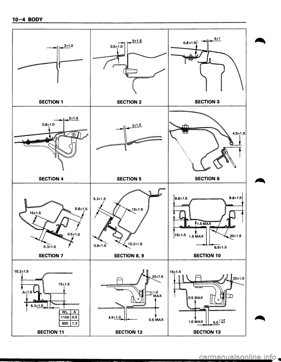 ISUZU TROOPER 1995 Workshop Manual 10-4 BODY
4±1
SECTION 1 SECTION 2 SECTION 3
5±1.5
0.8±1.0
SECTION 4 SECTION 5 SECTION 6
6.6±1.5
SECTION 7 SECTION 8, 9 SECTION 10
10.2±1 5
15±1.5
~
A<1.5c: J
15±1.5
-_Alto.
5.3±1 ISUZU TROOPER 1995 Workshop Manual 10-4 BODY
4±1
SECTION 1 SECTION 2 SECTION 3
5±1.5
0.8±1.0
SECTION 4 SECTION 5 SECTION 6
6.6±1.5
SECTION 7 SECTION 8, 9 SECTION 10
10.2±1 5
15±1.5
~
A<1.5c: J
15±1.5
-_Alto.
5.3±1