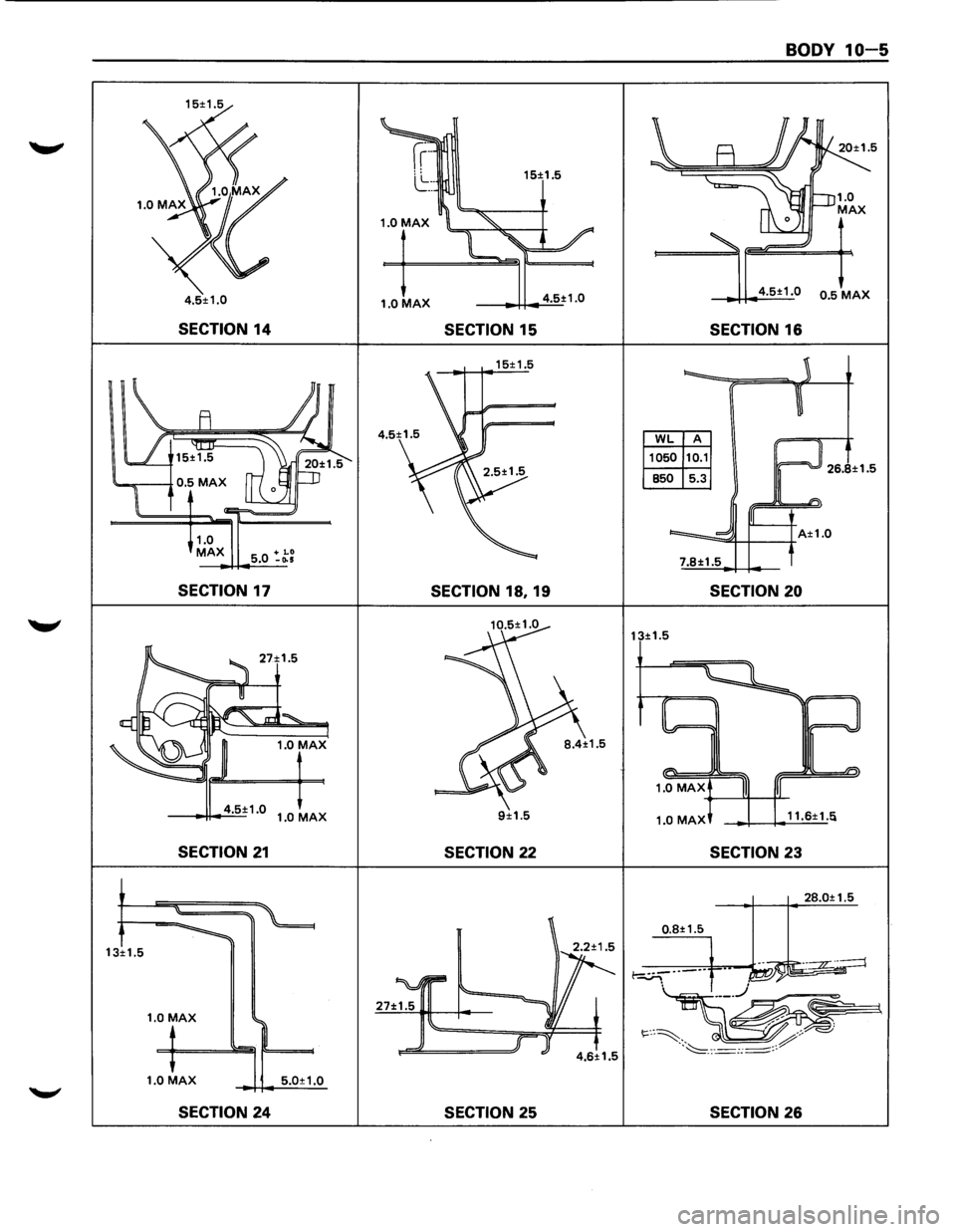ISUZU TROOPER 1995 Workshop Manual 1.0 MAX 4.5±1.0
SECTION 14 SECTION 15
15±1.5
1.0
MAX 5 •
0 :_~;
SECTION 17 SECTION 18, 19
----1-1---4:..:!'5~± 1 .O 1 .0 MAX 9±1.5
SECTION 21 SECTION 22
13± 1.5
1.0
MAX
1.0 MAX ISUZU TROOPER 1995 Workshop Manual 1.0 MAX 4.5±1.0
SECTION 14 SECTION 15
15±1.5
1.0
MAX 5 •
0 :_~;
SECTION 17 SECTION 18, 19
----1-1---4:..:!'5~± 1 .O 1 .0 MAX 9±1.5
SECTION 21 SECTION 22
13± 1.5
1.0
MAX
1.0 MAX