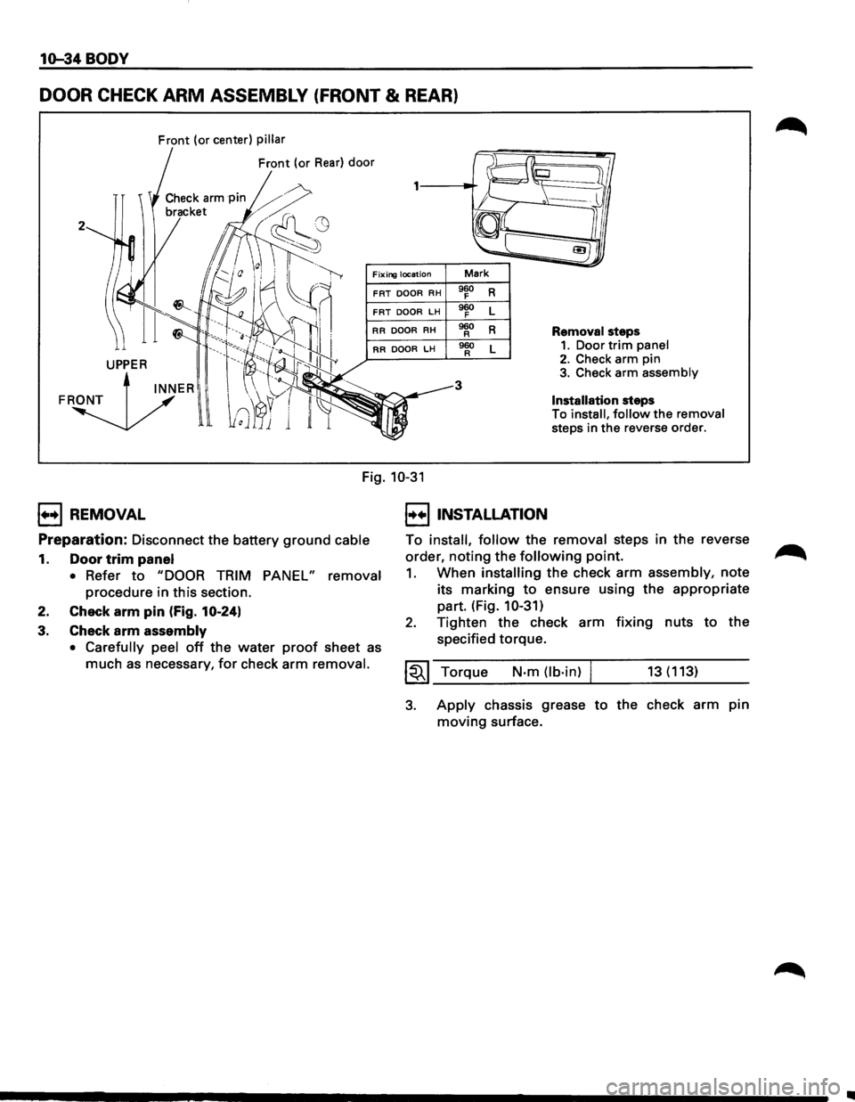 ISUZU TROOPER 1995 Owners Manual 1o-34 BODY
DOOR CHECK ARM ASSEMBLY (FRONT & REAR)
Front (or center) pillar
Front (or Rear) door
2
Fixing location Mark
FRT DOOR RH 960 R F
FRT DOOR LH 960 L F
RR
DOOR RH 960 R R Removal st ISUZU TROOPER 1995 Owners Manual 1o-34 BODY
DOOR CHECK ARM ASSEMBLY (FRONT & REAR)
Front (or center) pillar
Front (or Rear) door
2
Fixing location Mark
FRT DOOR RH 960 R F
FRT DOOR LH 960 L F
RR
DOOR RH 960 R R Removal st