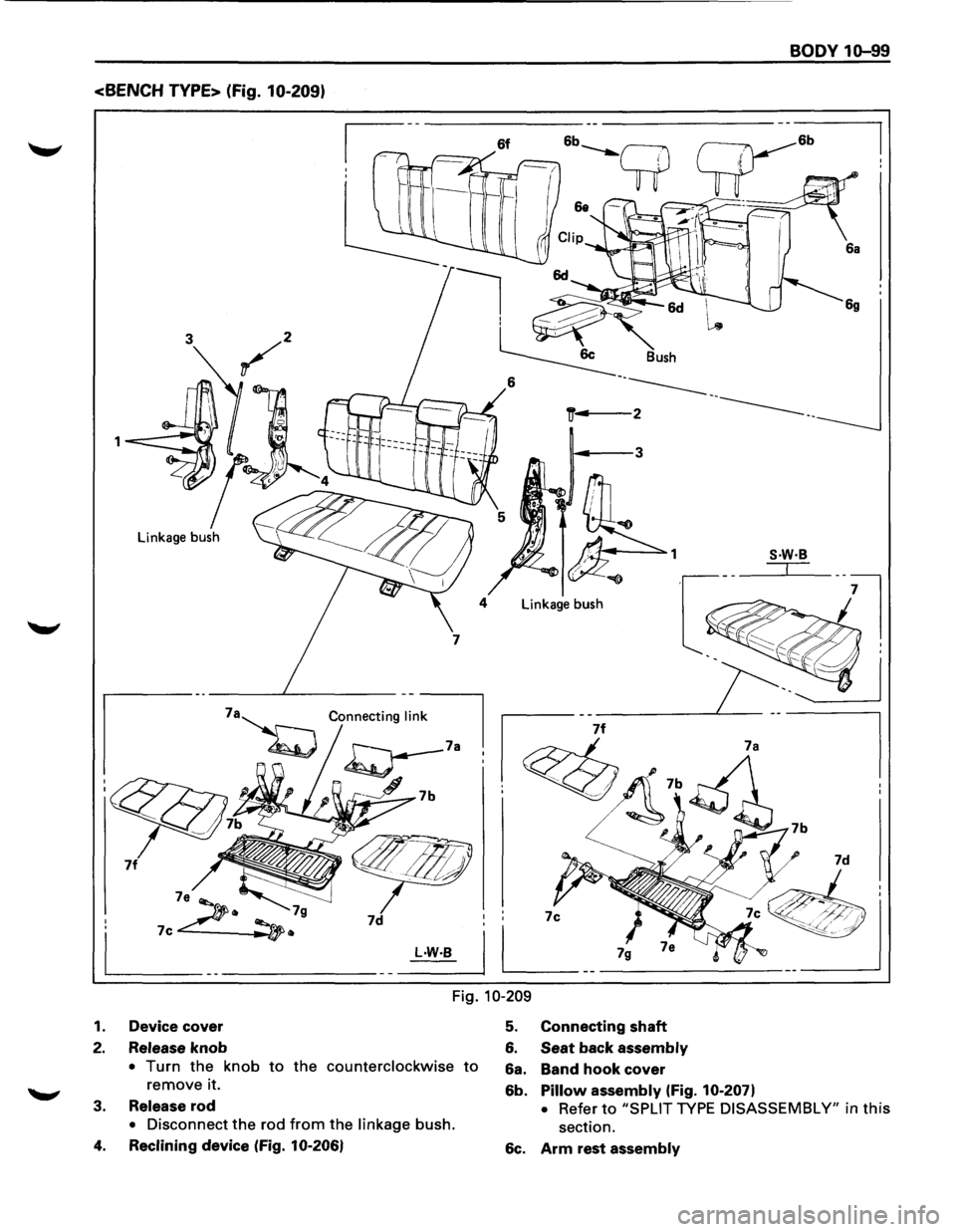 ISUZU TROOPER 1995 Workshop Manual ,__,.
<BENCH TYPE> (Fig. 10-209)
3
1
Linkage bush
7d
--L·W·B I
Linkage bush
7c
BODY 1D-99
S·W·B
==c=
6g
L ___ _
Fig. 10-209
1. Device cover 5. Connecting shaft
2. Release knob 6. S ISUZU TROOPER 1995 Workshop Manual ,__,.
<BENCH TYPE> (Fig. 10-209)
3
1
Linkage bush
7d
--L·W·B I
Linkage bush
7c
BODY 1D-99
S·W·B
==c=
6g
L ___ _
Fig. 10-209
1. Device cover 5. Connecting shaft
2. Release knob 6. S