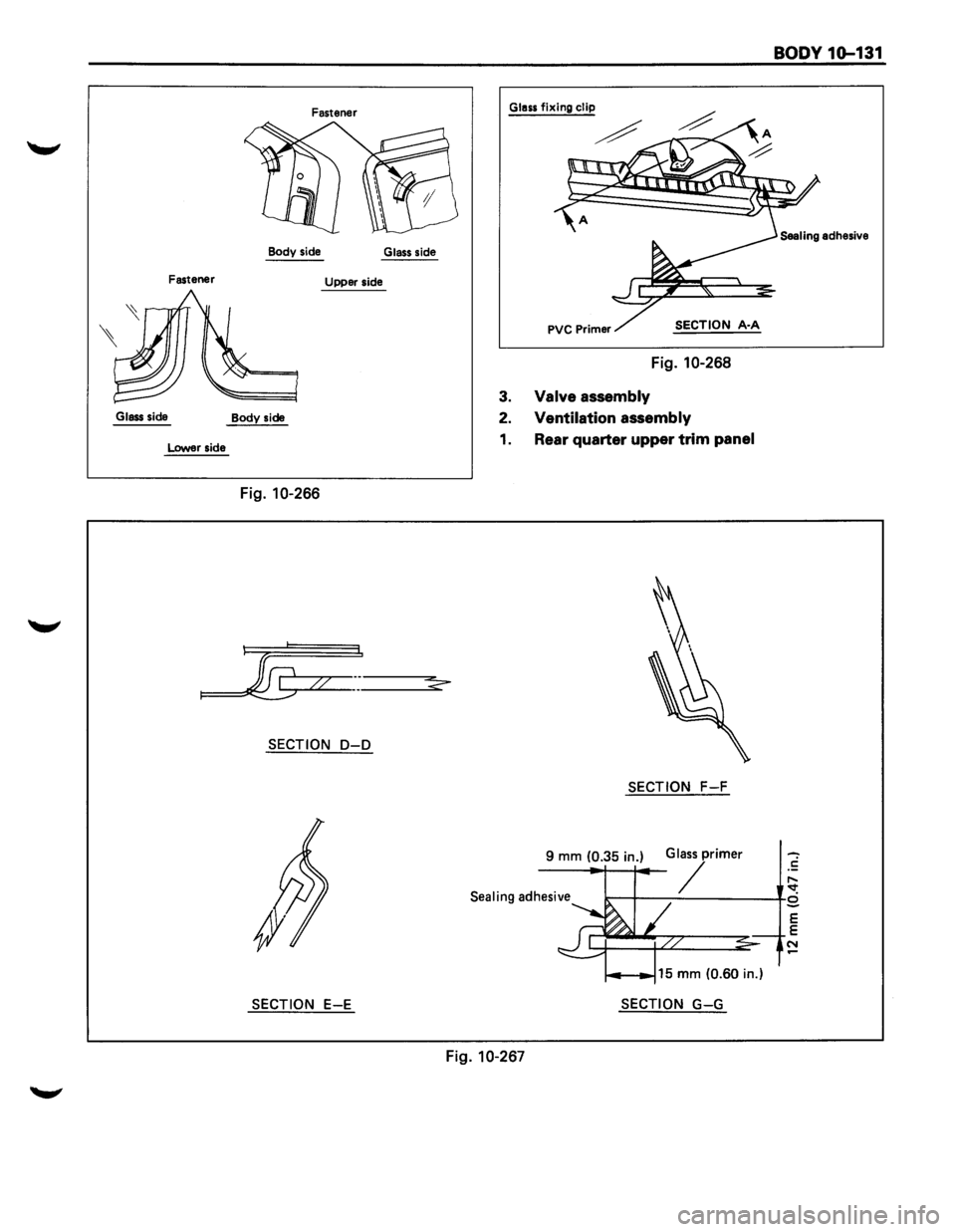 ISUZU TROOPER 1995 Workshop Manual Fastener
Body side
Glass side
Fastener Upper side
Glass side
Body side
Lower side
Fig. 10-266
SECTION D-D
SECTION E-E
BODY 1G-131
Glass fixing clip
SECTION A·A
Fig. 10-268
3. Valve ISUZU TROOPER 1995 Workshop Manual Fastener
Body side
Glass side
Fastener Upper side
Glass side
Body side
Lower side
Fig. 10-266
SECTION D-D
SECTION E-E
BODY 1G-131
Glass fixing clip
SECTION A·A
Fig. 10-268
3. Valve