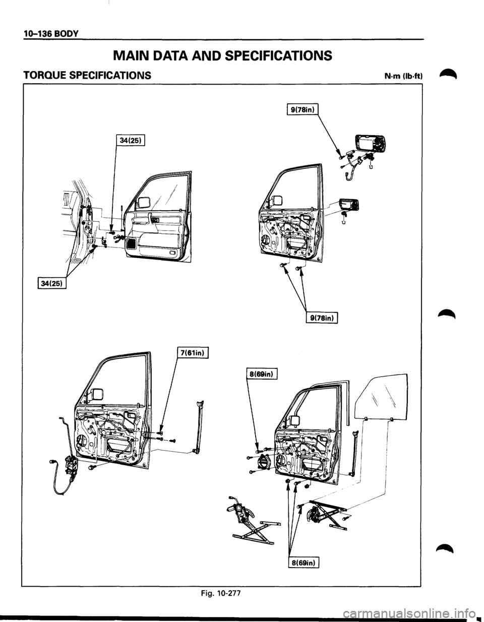 ISUZU TROOPER 1995 Workshop Manual 10-136 BODY
MAIN DATA AND SPECIFICATIONS
TORQUE SPECIFICATIONS
34(25)
Fig. 10-277
N·m (lb.ft) ~
ISUZU TROOPER 1995 Workshop Manual 10-136 BODY
MAIN DATA AND SPECIFICATIONS
TORQUE SPECIFICATIONS
34(25)
Fig. 10-277
N·m (lb.ft) ~