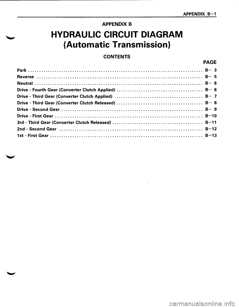 ISUZU TROOPER 1995  Workshop Manual APPENDIX B 
HYDRAULIC CIRCUIT DIAGRAM 
(Automatic  Transmission) 
CONTENTS 
APPENDIX B-1 
PAGE 
Park ........................................................................\....... B-3 
Reverse  . .