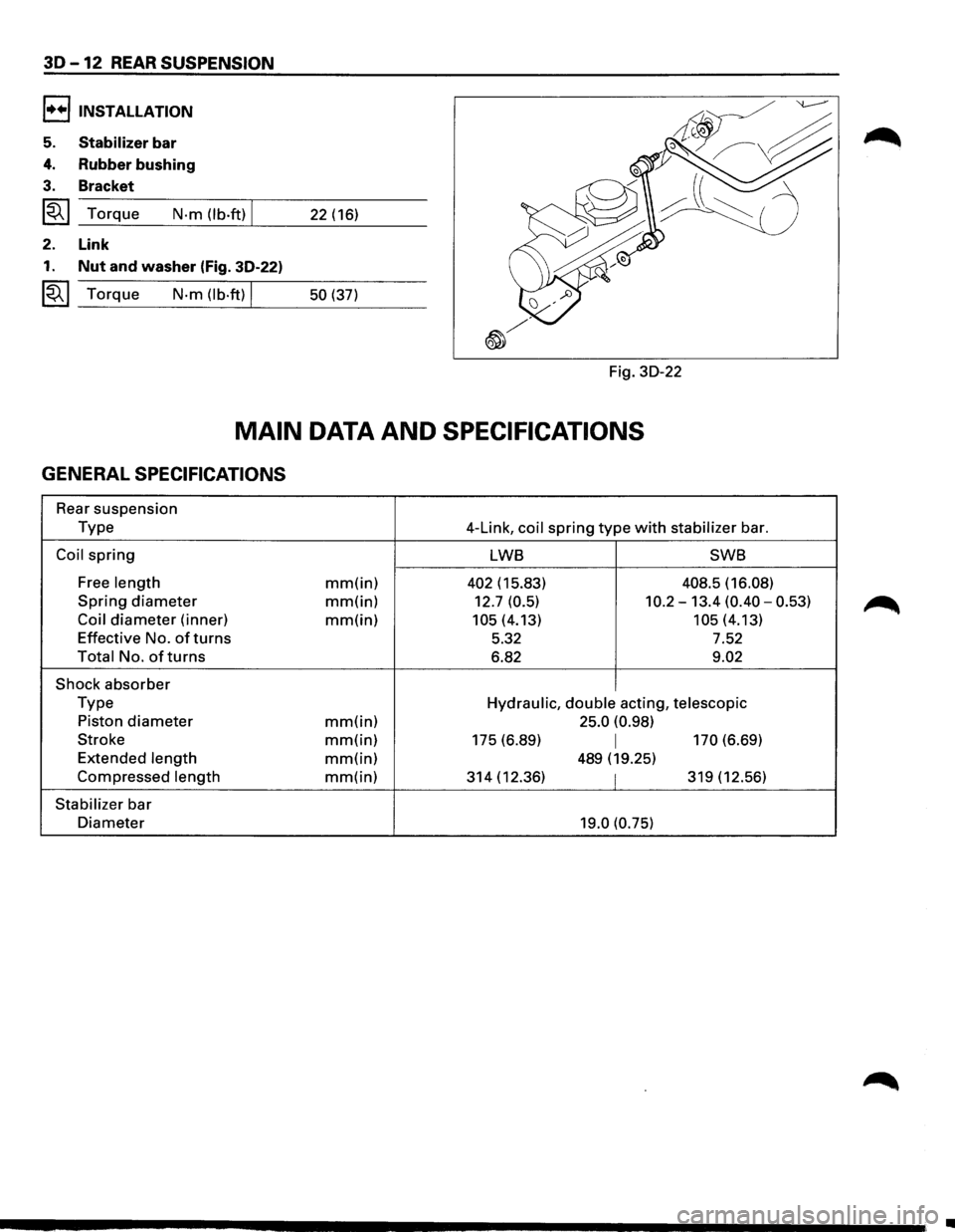 ISUZU TROOPER 1995 Service Manual 3D -12 REAR SUSPENSION 
l+•liNSTALLATION 
5. Stabilizer bar 
4. Rubber bushing 
3. Bracket 
~~~ Torque N·m (lb.ft) I 22 (16) 
2.  Link 
1. Nut and washer (Fig. 30-22) 
~~~ Torque N-m  (lb·ft) I 50