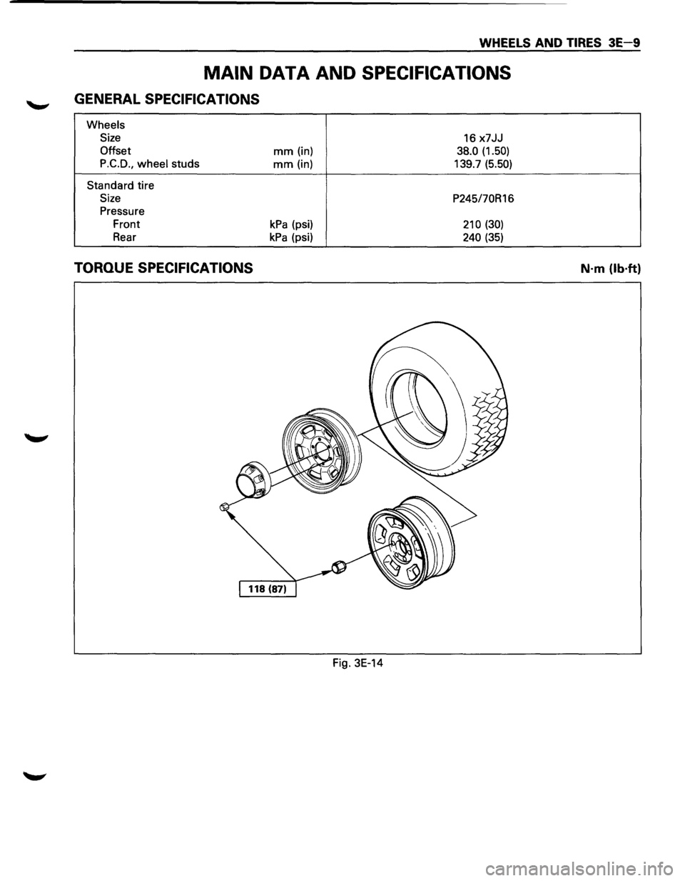 ISUZU TROOPER 1995 User Guide WHEELS AND TIRES 3E-9
MAIN DATA AND SPECIFICATIONS
GENERAL SPECIFICATIONS
Wheels
Size
16 x7JJ
Offset mm (in) 38.0 (1.50)
P.C.D.,
wheel studs mm (in) 139.7 (5.50)
Standard tire
Size P245/7 ISUZU TROOPER 1995 User Guide WHEELS AND TIRES 3E-9
MAIN DATA AND SPECIFICATIONS
GENERAL SPECIFICATIONS
Wheels
Size
16 x7JJ
Offset mm (in) 38.0 (1.50)
P.C.D.,
wheel studs mm (in) 139.7 (5.50)
Standard tire
Size P245/7