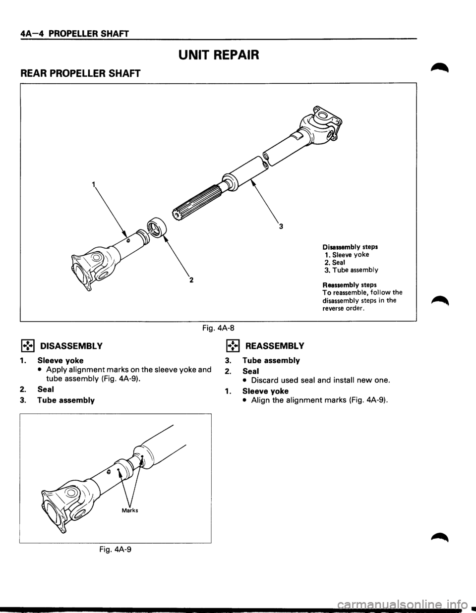 ISUZU TROOPER 1995 Workshop Manual 4A-4 PROPELLER SHAFT
UNIT REPAIR
REAR PROPELLER SHAFT
1
2
Disassembly steps
1.
Sleeve yoke
2.
Seal 3. Tube assembly
Reassembly steps
To reassemble, follow the
disassembly steps
in the ISUZU TROOPER 1995 Workshop Manual 4A-4 PROPELLER SHAFT
UNIT REPAIR
REAR PROPELLER SHAFT
1
2
Disassembly steps
1.
Sleeve yoke
2.
Seal 3. Tube assembly
Reassembly steps
To reassemble, follow the
disassembly steps
in the