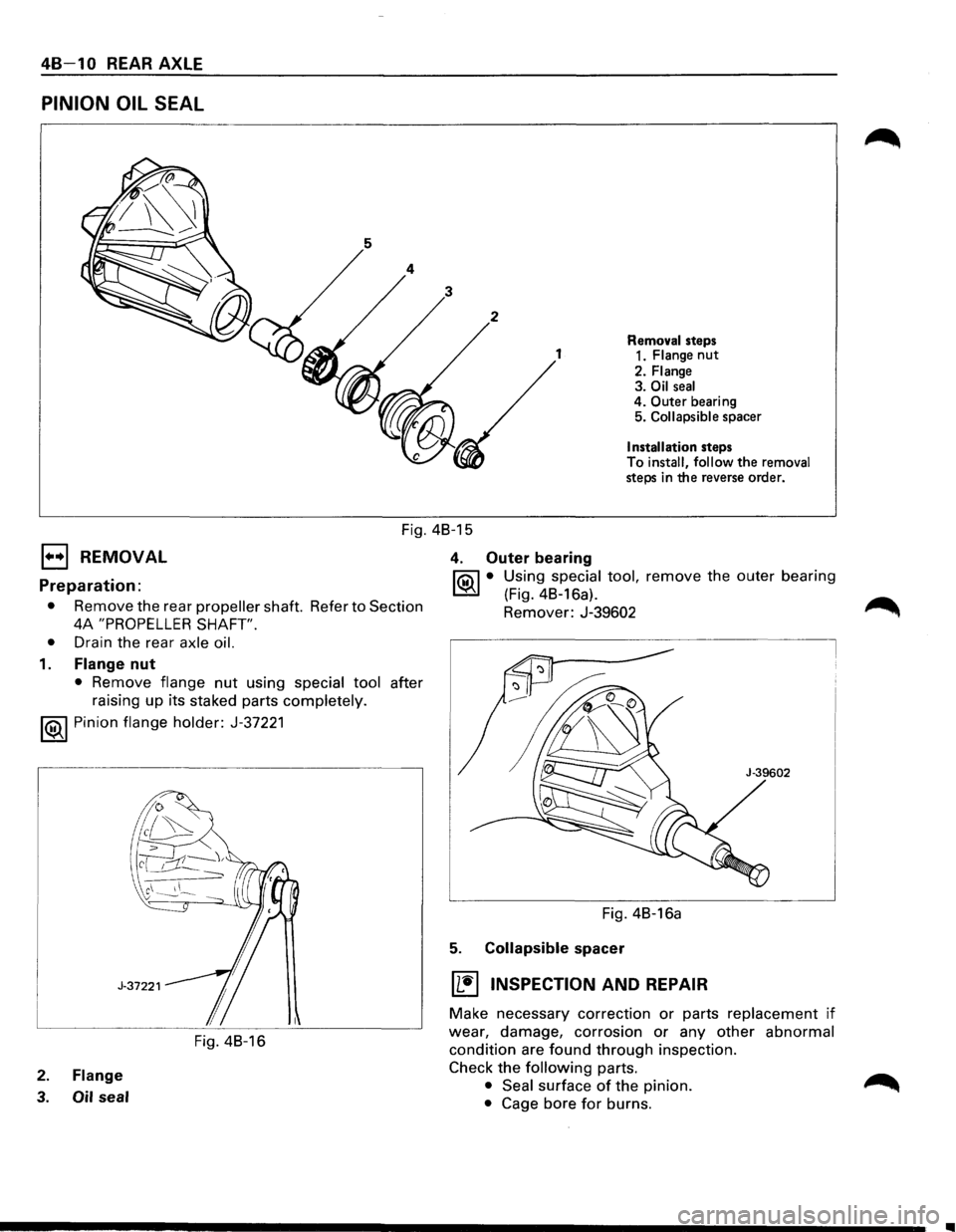 ISUZU TROOPER 1995 User Guide 48-1 0 REAR AXLE 
PINION OIL SEAL 
Removal steps 
1 1. Flange nut 
2. Flange 3. Oil seal 4. Outer bearing 
5. Collapsible spacer 
Installation steps 
To 
install,  follow the removal steps in the reve