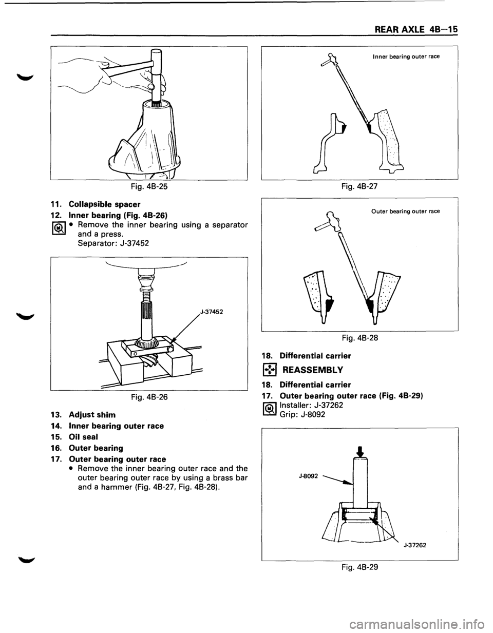 ISUZU TROOPER 1995 User Guide Fig. 48-25
11.
Collapsible spacer
12. Inner bearing (Fig. 48-26)
l?.iil • Remove the inner bearing using a separator
~ and a press.
Separator: J-37452
Fig. 48-26
13.
Adjust shim
14. ISUZU TROOPER 1995 User Guide Fig. 48-25
11.
Collapsible spacer
12. Inner bearing (Fig. 48-26)
l?.iil • Remove the inner bearing using a separator
~ and a press.
Separator: J-37452
Fig. 48-26
13.
Adjust shim
14.