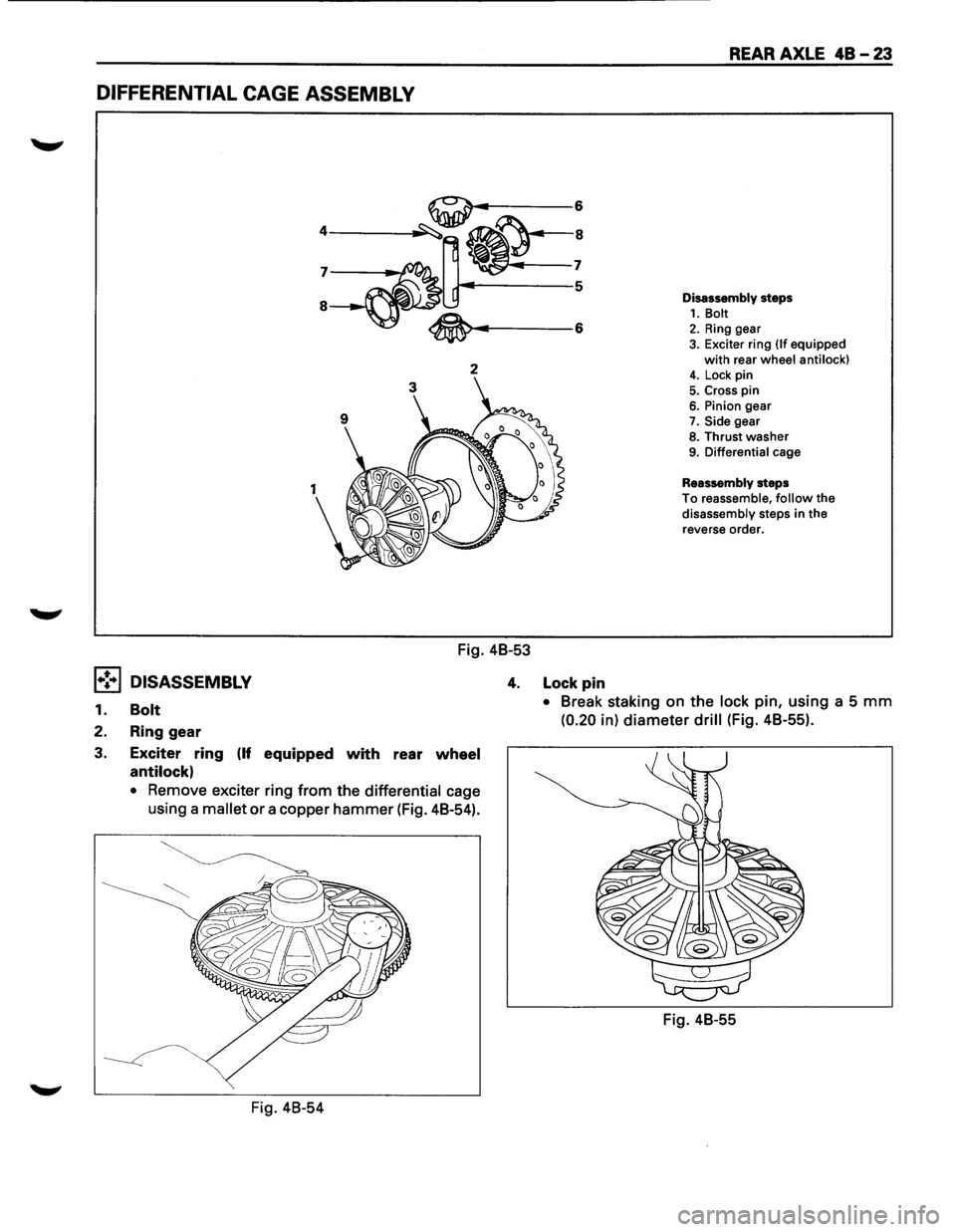 ISUZU TROOPER 1995 User Guide DIFFERENTIAL CAGE ASSEMBLY
2
Fig. 48-53
REAR AXLE 48-23
Disassembly steps 1. Bolt 2. Ring gear 3. Exciter ring (If equipped
with rear wheel anti lock) 4. Lock pin
5. Cross pin 6. Pinion gear ISUZU TROOPER 1995 User Guide DIFFERENTIAL CAGE ASSEMBLY
2
Fig. 48-53
REAR AXLE 48-23
Disassembly steps 1. Bolt 2. Ring gear 3. Exciter ring (If equipped
with rear wheel anti lock) 4. Lock pin
5. Cross pin 6. Pinion gear