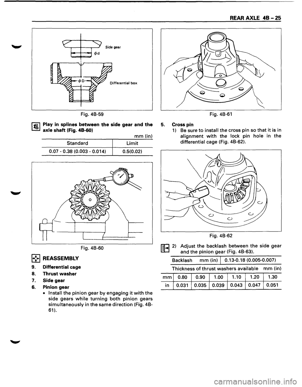 ISUZU TROOPER 1995 User Guide Side gear
Differential box
Fig. 4B-59
lfiil Play in splines between the side gear and the
1.!!.1 axle shaft (Fig. 48-60)
Standard
0.07-0.38 (0.003-0.014)
Fig. 4B-60
l•!•l REASSEMBLY
9. ISUZU TROOPER 1995 User Guide Side gear
Differential box
Fig. 4B-59
lfiil Play in splines between the side gear and the
1.!!.1 axle shaft (Fig. 48-60)
Standard
0.07-0.38 (0.003-0.014)
Fig. 4B-60
l•!•l REASSEMBLY
9.