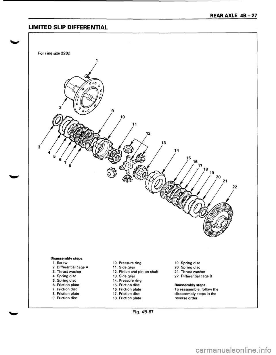 ISUZU TROOPER 1995 User Guide LIMITED SLIP DIFFERENTIAL
For ring size 220cf>
9
10
12
3
8
Disassembly steps 1. Screw 10. Pressure ring 2. Differential cage A
11. Side gear 3. Thrust washer 12. Pinion and pinion shaft 4. ISUZU TROOPER 1995 User Guide LIMITED SLIP DIFFERENTIAL
For ring size 220cf>
9
10
12
3
8
Disassembly steps 1. Screw 10. Pressure ring 2. Differential cage A
11. Side gear 3. Thrust washer 12. Pinion and pinion shaft 4.