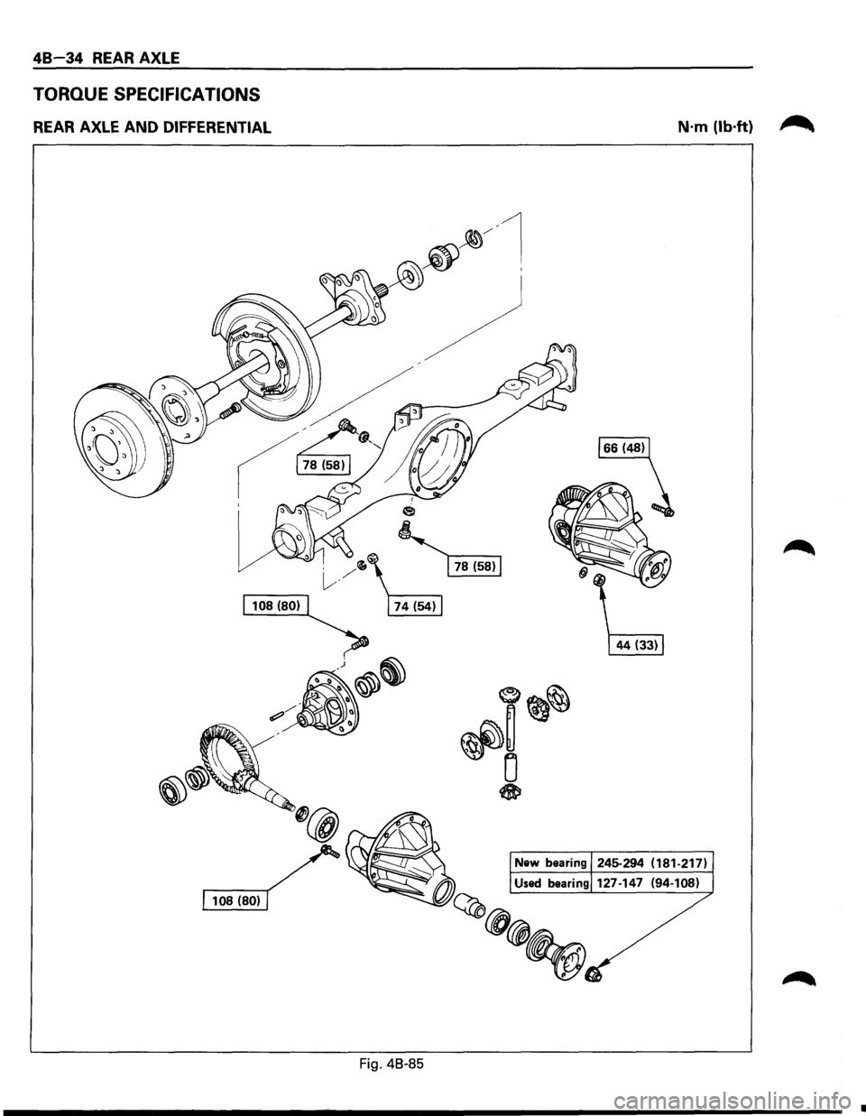 ISUZU TROOPER 1995 Owners Manual 48 34 REAR AXLE
TORQUE SPECIFICATIONS
REAR AXLE AND DIFFERENTIAL
Fig. 48-85
N·m (lb·ft) ~
• ISUZU TROOPER 1995 Owners Manual 48 34 REAR AXLE
TORQUE SPECIFICATIONS
REAR AXLE AND DIFFERENTIAL
Fig. 48-85
N·m (lb·ft) ~
•