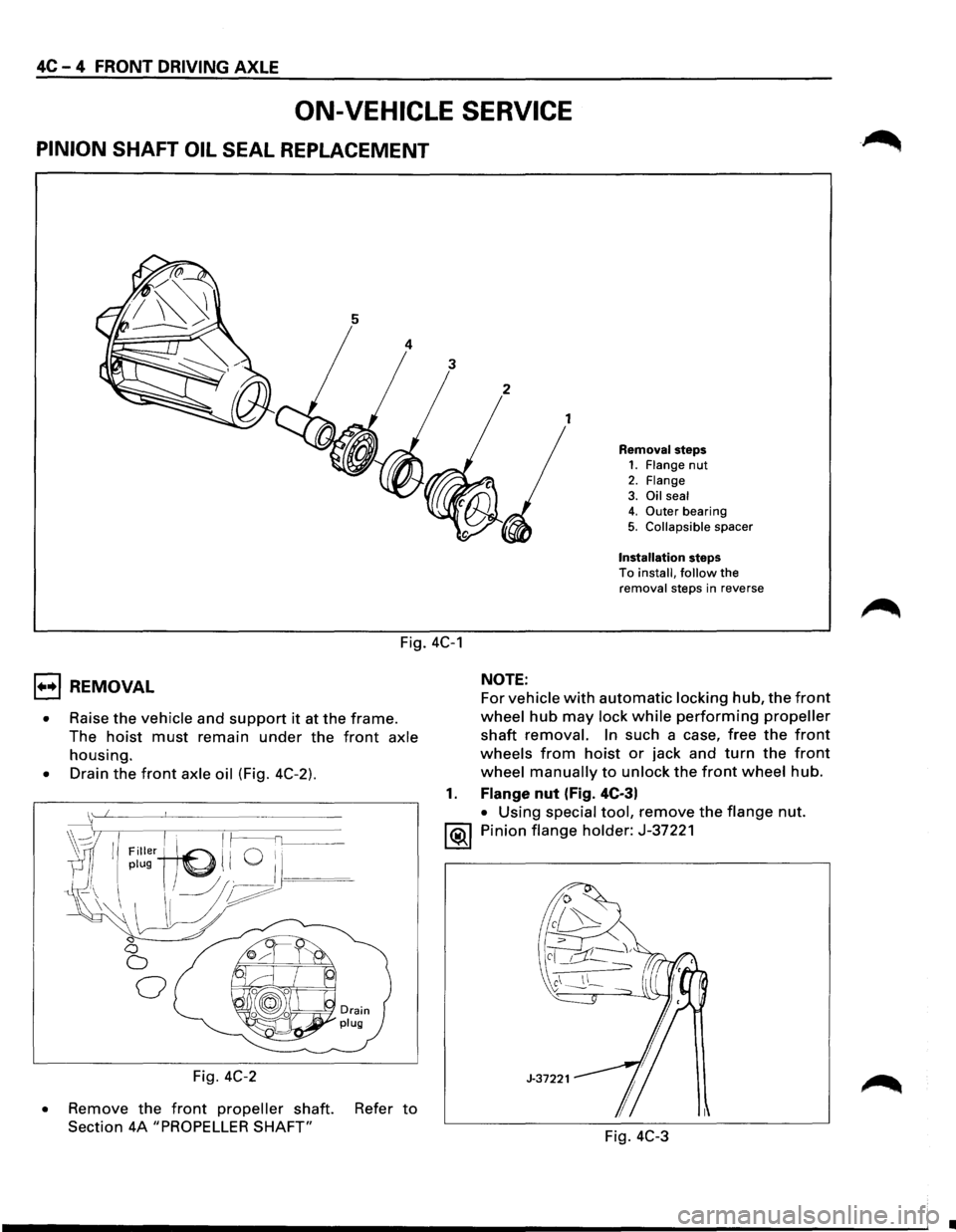 ISUZU TROOPER 1995 Service Manual 4C-4 FRONT DRIVING AXLE
ON-VEHICLE SERVICE
PINION SHAFT OIL SEAL REPLACEMENT
1
Removal steps 1. Flange nut
2. Flange 3. Oil seal 4. Outer bearing
5. Collapsible spacer
Installation steps To in ISUZU TROOPER 1995 Service Manual 4C-4 FRONT DRIVING AXLE
ON-VEHICLE SERVICE
PINION SHAFT OIL SEAL REPLACEMENT
1
Removal steps 1. Flange nut
2. Flange 3. Oil seal 4. Outer bearing
5. Collapsible spacer
Installation steps To in