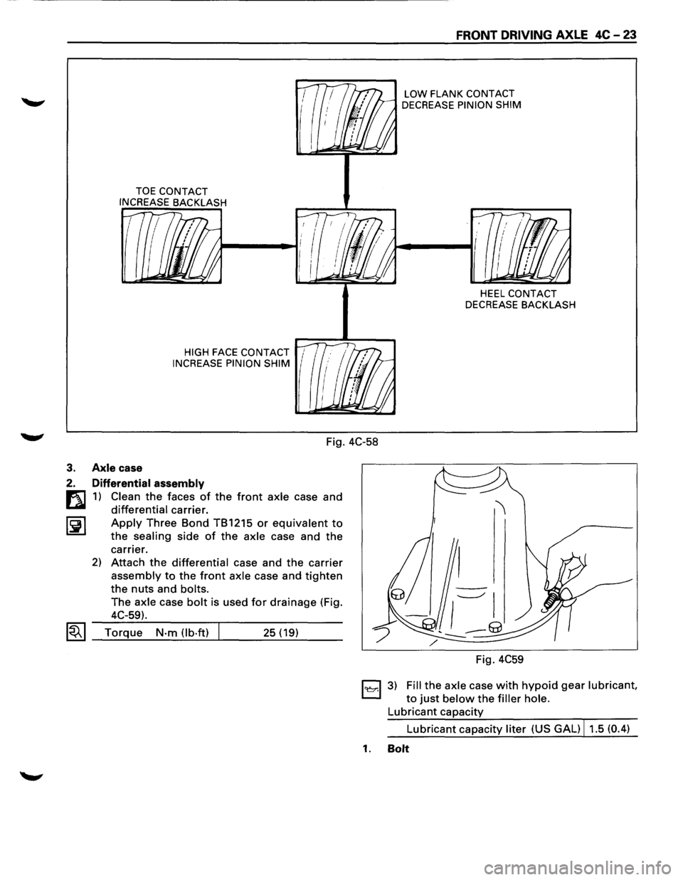 ISUZU TROOPER 1995 Workshop Manual TOE CONTACT
INCREASE BACKLASH
HIGH FACE CONTACT 1
INCREASE PINION SHIM
FRONT DRIVING AXLE 4C-23
LOW FLANK CONTACT
DECREASE PINION SHIM
HEEL CONTACT
DECREASE BACKLASH
Fig. 4C-58
3. Axle ISUZU TROOPER 1995 Workshop Manual TOE CONTACT
INCREASE BACKLASH
HIGH FACE CONTACT 1
INCREASE PINION SHIM
FRONT DRIVING AXLE 4C-23
LOW FLANK CONTACT
DECREASE PINION SHIM
HEEL CONTACT
DECREASE BACKLASH
Fig. 4C-58
3. Axle