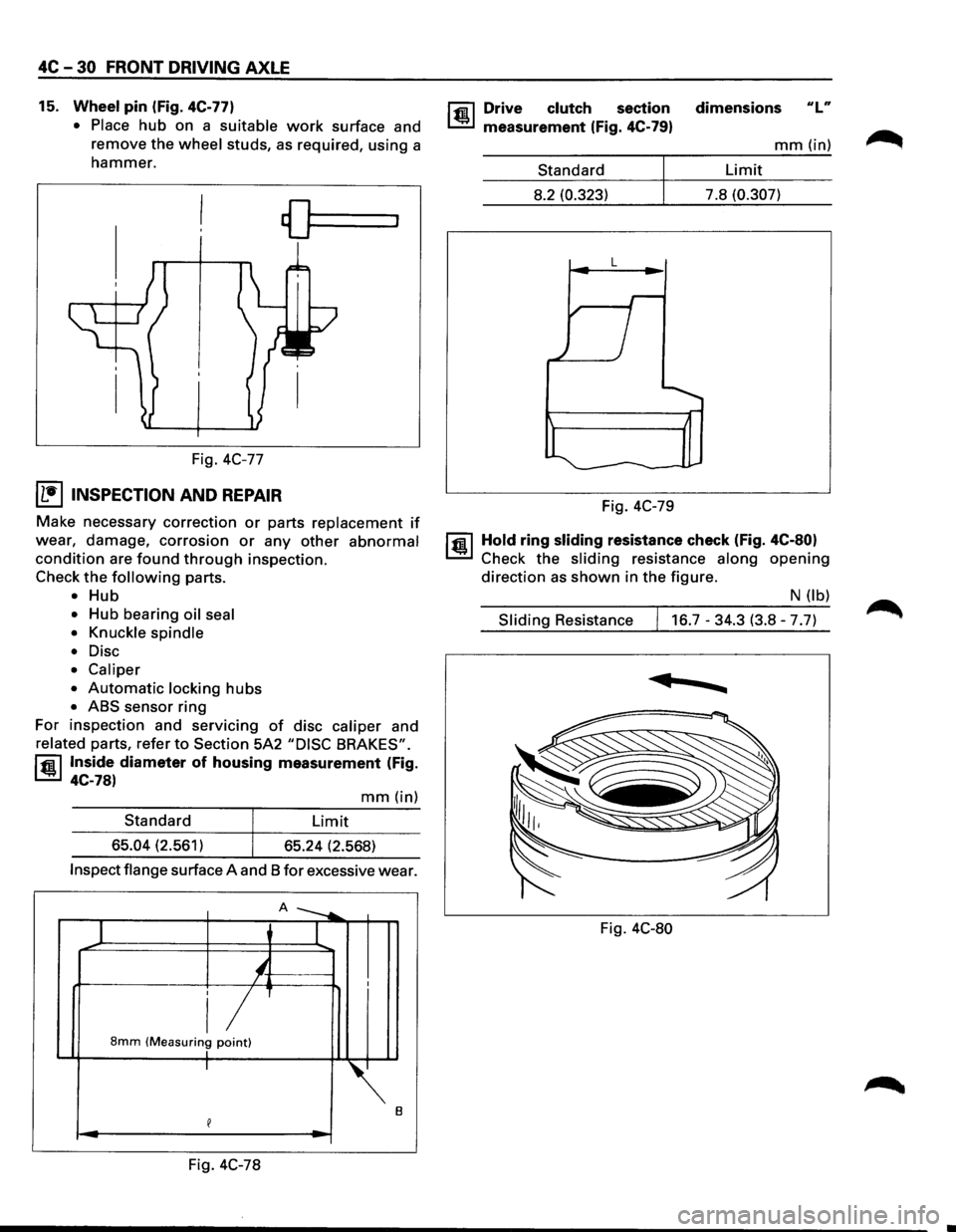 ISUZU TROOPER 1995 User Guide 4C -30 FRONT  DRIVING AXLE 
15. Wheel pin (Fig. 4C-77) 
•  Place 
hub  on a suitable work surface  and 
remove  the 
wheel studs, as required,  using a 
hammer. 
Fig. 4C-77 
I L•IINSPECTION AND RE