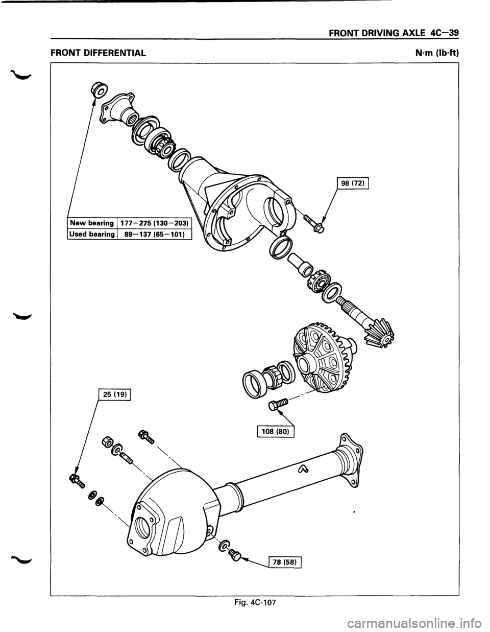 ISUZU TROOPER 1995 Service Manual FRONT DIFFERENTIAL
New bearing 177-275 (130-203)
Used bearing 89-137 (65-101)
FRONT DRIVING AXLE 4C-39
N·m (lb·ft}
Fig. 4C-107 ISUZU TROOPER 1995 Service Manual FRONT DIFFERENTIAL
New bearing 177-275 (130-203)
Used bearing 89-137 (65-101)
FRONT DRIVING AXLE 4C-39
N·m (lb·ft}
Fig. 4C-107