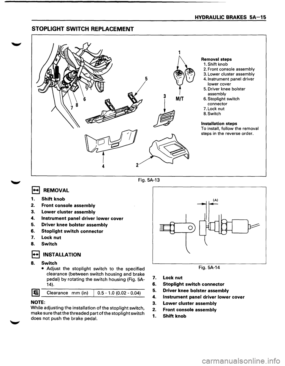 ISUZU TROOPER 1995 Owners Guide STOPLIGHT SWITCH REPLACEMENT 
1 
3 MIT 
h 
4 
HYDRAULIC  BRAKES SA-15 
Removal steps 
1. Shift knob 
2. Front console  assembly 
3. Lower cluster assembly 
4. Instrument  panel driver 
lower cover 
5.
