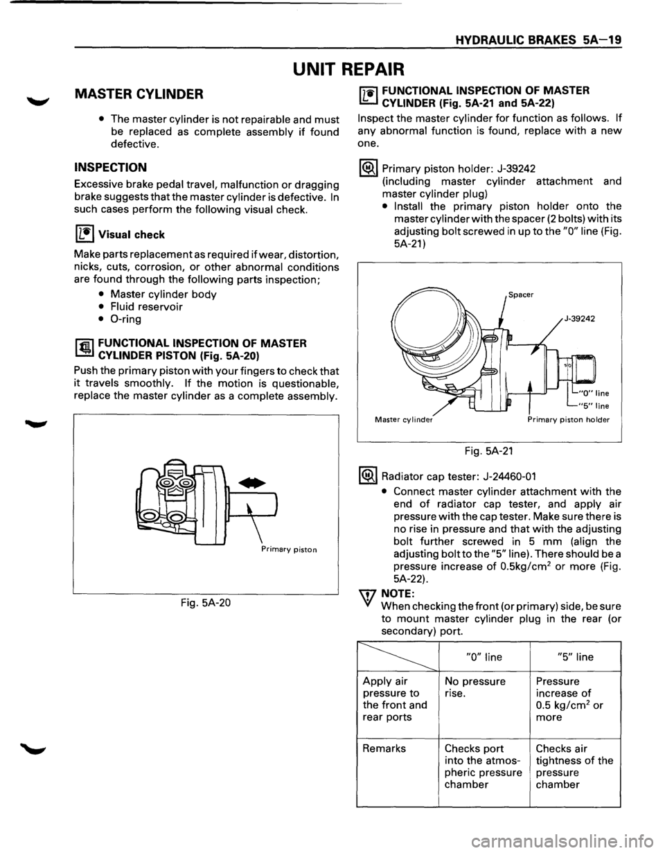 ISUZU TROOPER 1995 User Guide HYDRAULIC BRAKES SA-19 
UNIT REPAIR 
MASTER CYLINDER 
• The master cylinder is not repairable and must 
be replaced as complete  assembly if found 
defective. 
INSPECTION 
Excessive  brake pedal tra
