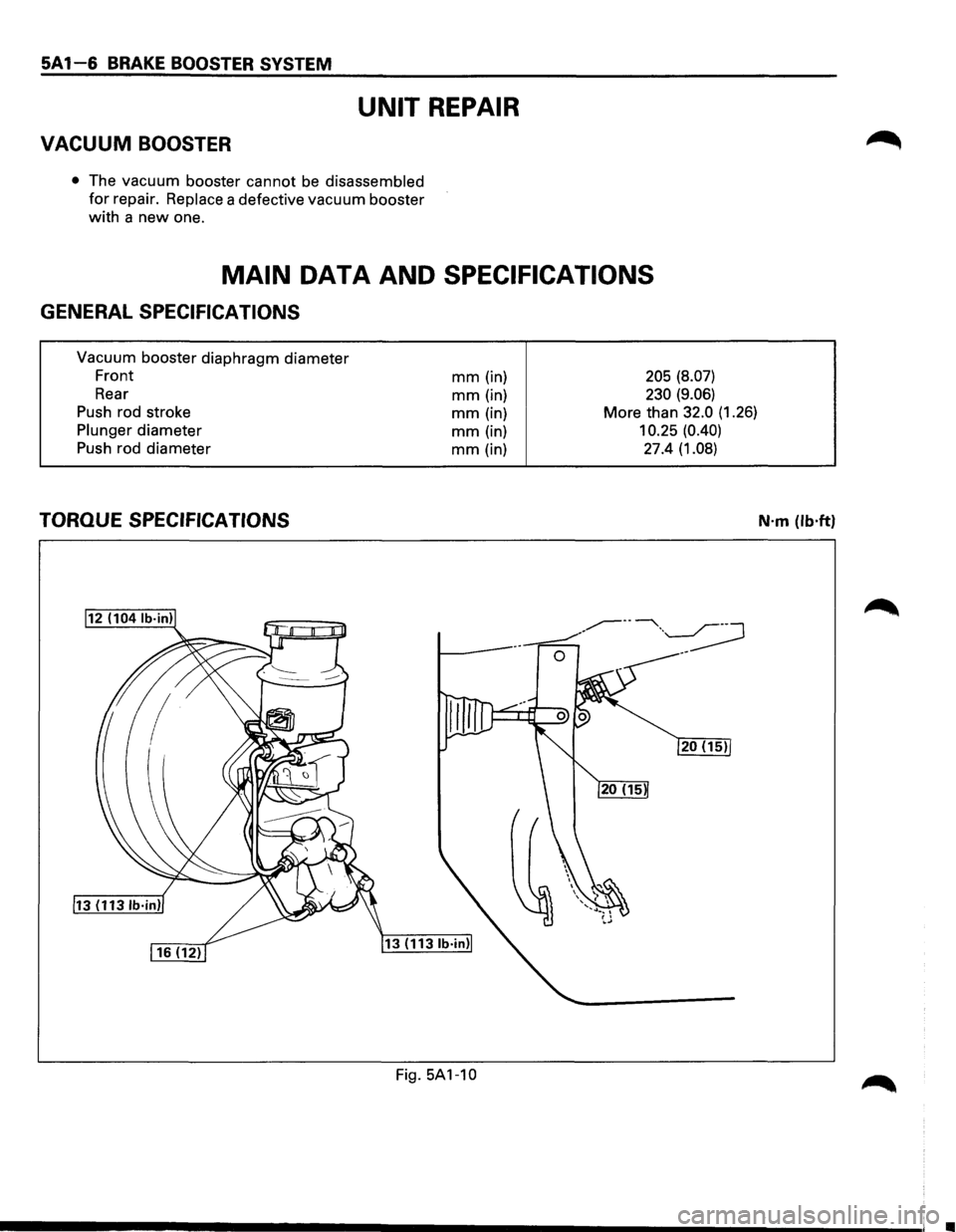 ISUZU TROOPER 1995 Workshop Manual 5A 1-6 BRAKE BOOSTER SYSTEM
UNIT REPAIR
VACUUM BOOSTER
• The vacuum booster cannot be disassembled
for repair. Replace a defective vacuum booster
with a new one.
MAIN DATA AND SPECIFICATIONS ISUZU TROOPER 1995 Workshop Manual 5A 1-6 BRAKE BOOSTER SYSTEM
UNIT REPAIR
VACUUM BOOSTER
• The vacuum booster cannot be disassembled
for repair. Replace a defective vacuum booster
with a new one.
MAIN DATA AND SPECIFICATIONS