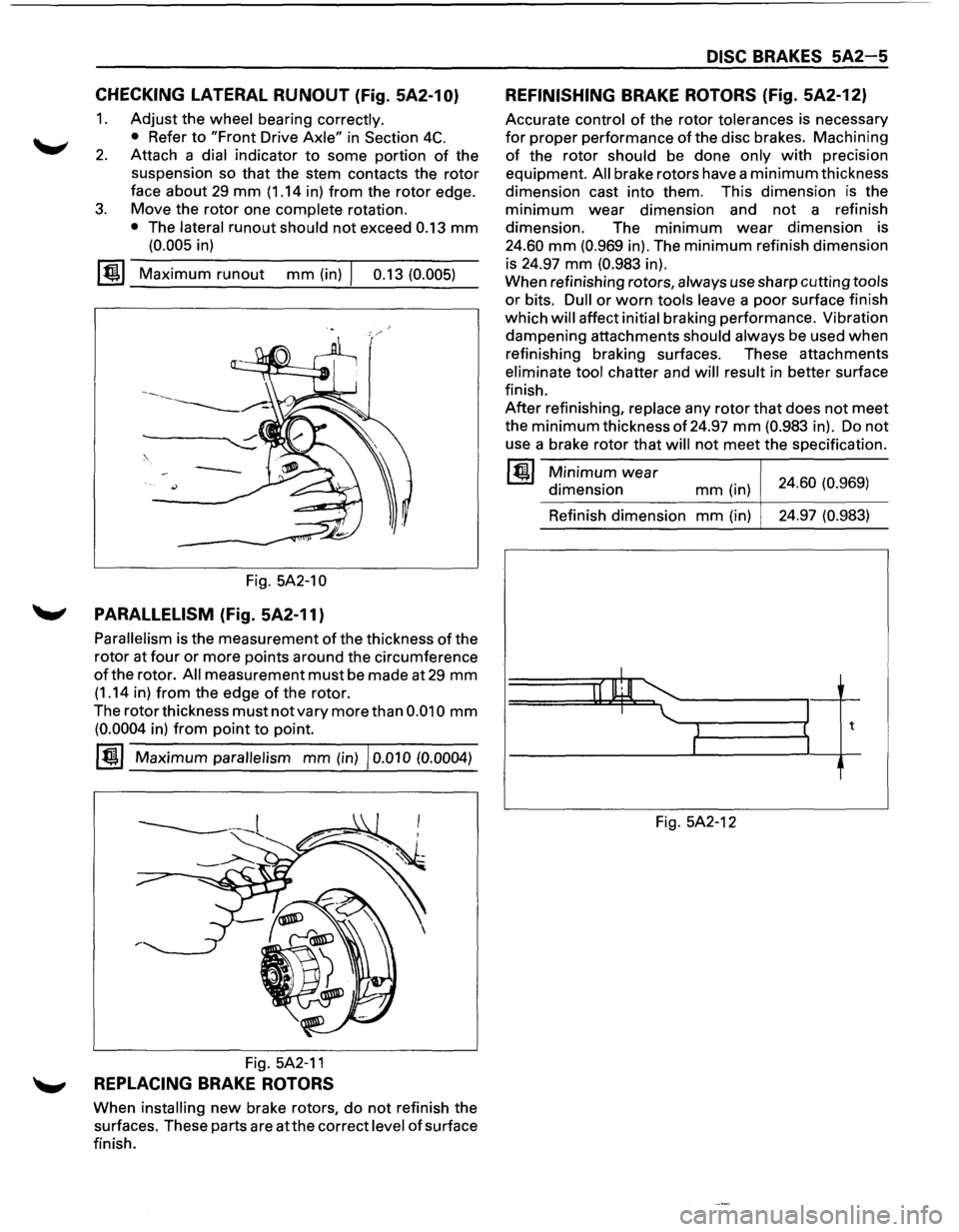 ISUZU TROOPER 1995 Workshop Manual CHECKING LATERAL RUNOUT (Fig. 5A2-10)
1. Adjust the wheel bearing correctly.
•
Refer to "Front Drive Axle" in Section 4C.
2. Attach a dial indicator to some portion of the
suspension so that ISUZU TROOPER 1995 Workshop Manual CHECKING LATERAL RUNOUT (Fig. 5A2-10)
1. Adjust the wheel bearing correctly.
•
Refer to "Front Drive Axle" in Section 4C.
2. Attach a dial indicator to some portion of the
suspension so that
