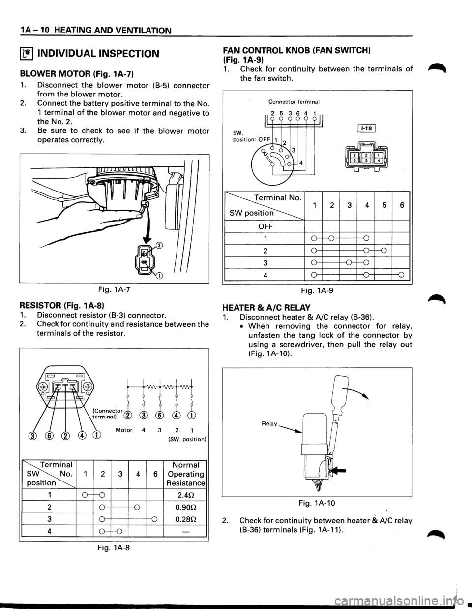 ISUZU TROOPER 1995 Workshop Manual 1A-10 HEATING AND VENTILATION
~ INDIVIDUAL INSPECTION
BLOWER MOTOR (Fig. 1A-7)
1. Disconnect the blower motor (B-5) connector
from the blower motor.
2. Connect the battery positive terminal to t ISUZU TROOPER 1995 Workshop Manual 1A-10 HEATING AND VENTILATION
~ INDIVIDUAL INSPECTION
BLOWER MOTOR (Fig. 1A-7)
1. Disconnect the blower motor (B-5) connector
from the blower motor.
2. Connect the battery positive terminal to t