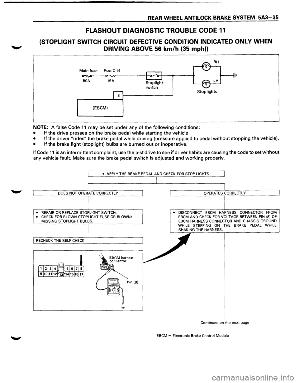 ISUZU TROOPER 1995 Workshop Manual REAR WHEEL ANTILOCK BRAKE SYSTEM 5A3-35
FLASHOUT DIAGNOSTIC TROUBLE CODE 11
(STOPLIGHT SWITCH CIRCUIT DEFECTIVE CONDITION INDICATED ONLY WHEN
DRIVING ABOVE 56 km/h (35 mph))
Main fuse Fuse C-14 ISUZU TROOPER 1995 Workshop Manual REAR WHEEL ANTILOCK BRAKE SYSTEM 5A3-35
FLASHOUT DIAGNOSTIC TROUBLE CODE 11
(STOPLIGHT SWITCH CIRCUIT DEFECTIVE CONDITION INDICATED ONLY WHEN
DRIVING ABOVE 56 km/h (35 mph))
Main fuse Fuse C-14