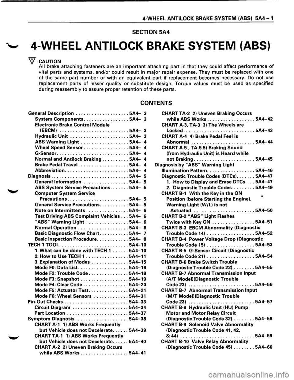 ISUZU TROOPER 1995 Owners Manual 4-WHEEL ANTILOCK BRAKE SYSTEM (ABS) 5A4-1 
SECTION 5A4 
-- 4-WHEEL ANTILOCK BRAKE SYSTEM (ABS) 
CAUTION 
All 
brake  attaching  fasteners are an important attaching part in that they could  affect p