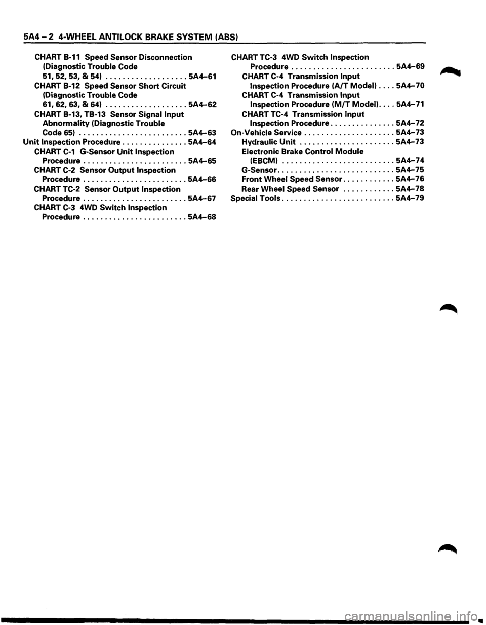 ISUZU TROOPER 1995 Owners Manual 5A4-2 4-WHEEL ANTILOCK BRAKE SYSTEM  (ABS) 
CHART B-11 Speed Sensor Disconnection 
(Diagnostic 
Trouble  Code 
51, 52,  53, & 54) ................... 5A4-61 
CHART B-12 Speed  Sensor Short Circuit 
(D