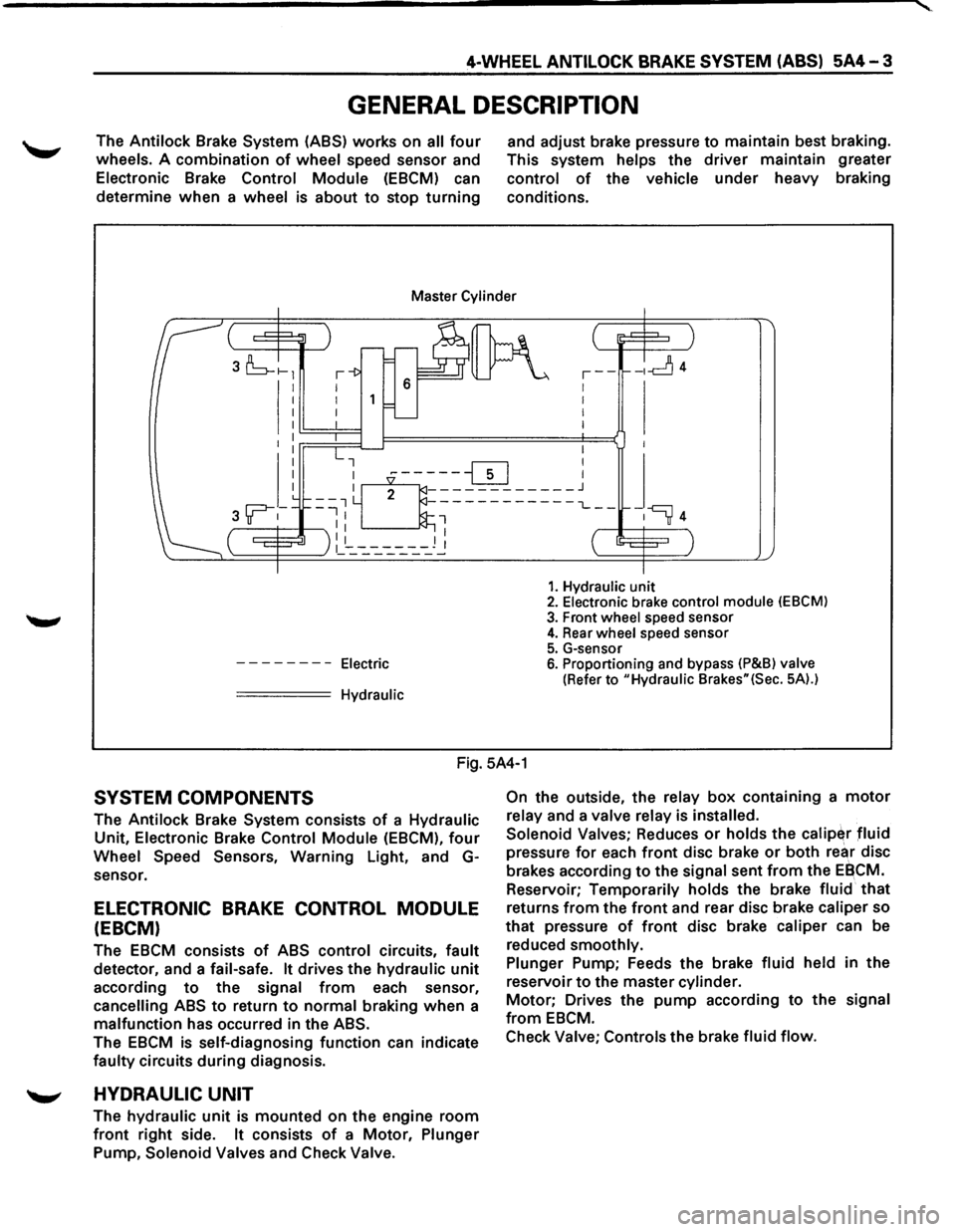 ISUZU TROOPER 1995 Workshop Manual 4-WHEEL ANTILOCK BRAKE SYSTEM (ABS) 5A4-3
GENERAL DESCRIPTION
The Antilock Brake System (ASS) works on all four
wheels. A combination of wheel speed sensor and
Electronic Brake Control Module (E ISUZU TROOPER 1995 Workshop Manual 4-WHEEL ANTILOCK BRAKE SYSTEM (ABS) 5A4-3
GENERAL DESCRIPTION
The Antilock Brake System (ASS) works on all four
wheels. A combination of wheel speed sensor and
Electronic Brake Control Module (E