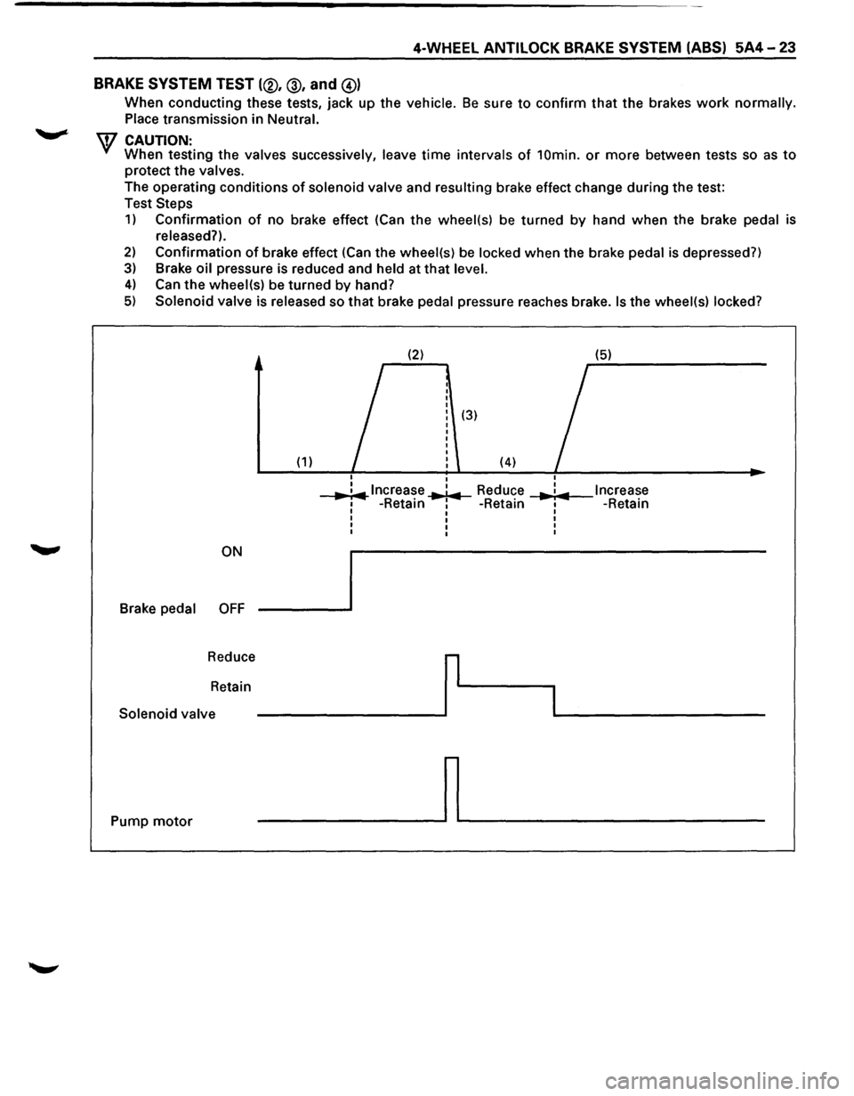 ISUZU TROOPER 1995 Owners Guide 4-WHEEL ANTILOCK BRAKE SYSTEM (ABS) 5A4-23 
BRAKE 
SYSTEM TEST (®, @, and @) 
When  conducting  these tests, jack up the  vehicle. Be sure to confirm that the brakes work normally. 
Place  transmissi