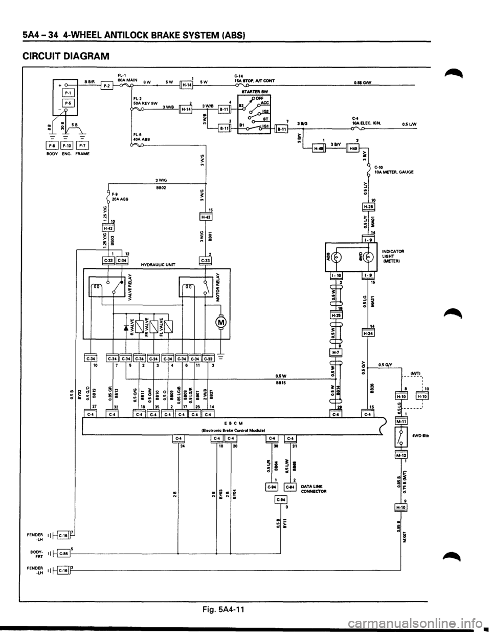 ISUZU TROOPER 1995 User Guide 5A4-34 4-WHEEL ANTILOCK BRAKE SYSTEM (ABS)
CIRCUIT DIAGRAM
FENDER -LH
BODY· FRT
FENDER -LH
+ o-----J----'8:..:8:..:/R~
B
EJ
~~B BODY ENG. FRAME
II
11~5
II C-16
E 8 C M
Fig. 5A4-11 ISUZU TROOPER 1995 User Guide 5A4-34 4-WHEEL ANTILOCK BRAKE SYSTEM (ABS)
CIRCUIT DIAGRAM
FENDER -LH
BODY· FRT
FENDER -LH
+ o-----J----'8:..:8:..:/R~
B
EJ
~~B BODY ENG. FRAME
II
11~5
II C-16
E 8 C M
Fig. 5A4-11