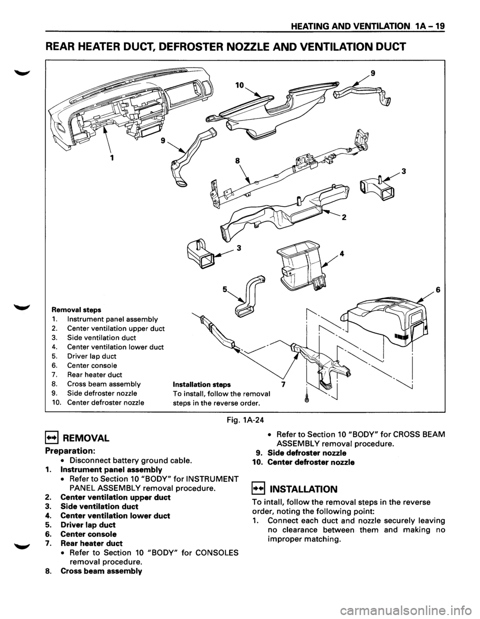 ISUZU TROOPER 1995 Workshop Manual HEATING AND VENTILATION 1A-19
REAR HEATER DUCT, DEFROSTER NOZZLE AND VENTILATION DUCT
6
Removal steps
1. Instrument panel assembly
2. Center ventilation upper duct
3. Side ventilation duct
4. ISUZU TROOPER 1995 Workshop Manual HEATING AND VENTILATION 1A-19
REAR HEATER DUCT, DEFROSTER NOZZLE AND VENTILATION DUCT
6
Removal steps
1. Instrument panel assembly
2. Center ventilation upper duct
3. Side ventilation duct
4.