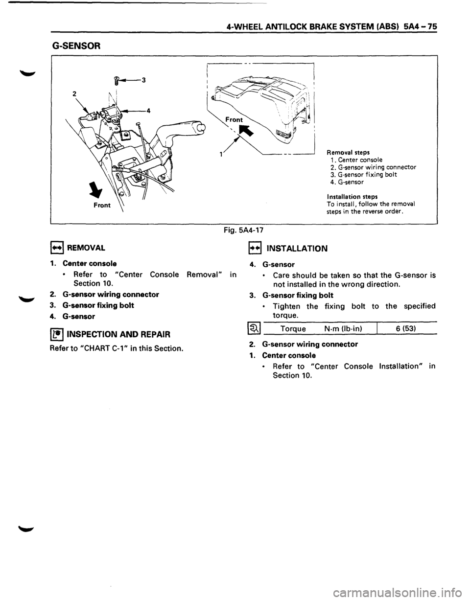 ISUZU TROOPER 1995 Owners Manual G-SENSOR 
, .... ,REMOVAL 
1. Center console 
4-WHEEL ANTILOCK BRAKE SYSTEM (ABS) 5A4-75 
Fig. 5A4-17 
Removal steps 1. Center console 2.  G-sensor  wiring connector 3. G·sensor fixing bolt 4. G-sens