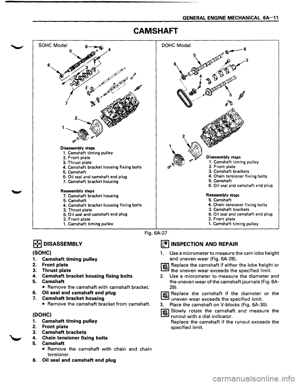 ISUZU TROOPER 1995 Workshop Manual GENERAL ENGINE MECHANICAL 6A-11
CAMSHAFT
SOHC Model
6 7
1
Disassembly steps
1. Camshaft timing pulley
2. Front plate
3. Thrust plate 4. Camshaft bracket housing fixing bolts
5. Camshaft 6 ISUZU TROOPER 1995 Workshop Manual GENERAL ENGINE MECHANICAL 6A-11
CAMSHAFT
SOHC Model
6 7
1
Disassembly steps
1. Camshaft timing pulley
2. Front plate
3. Thrust plate 4. Camshaft bracket housing fixing bolts
5. Camshaft 6