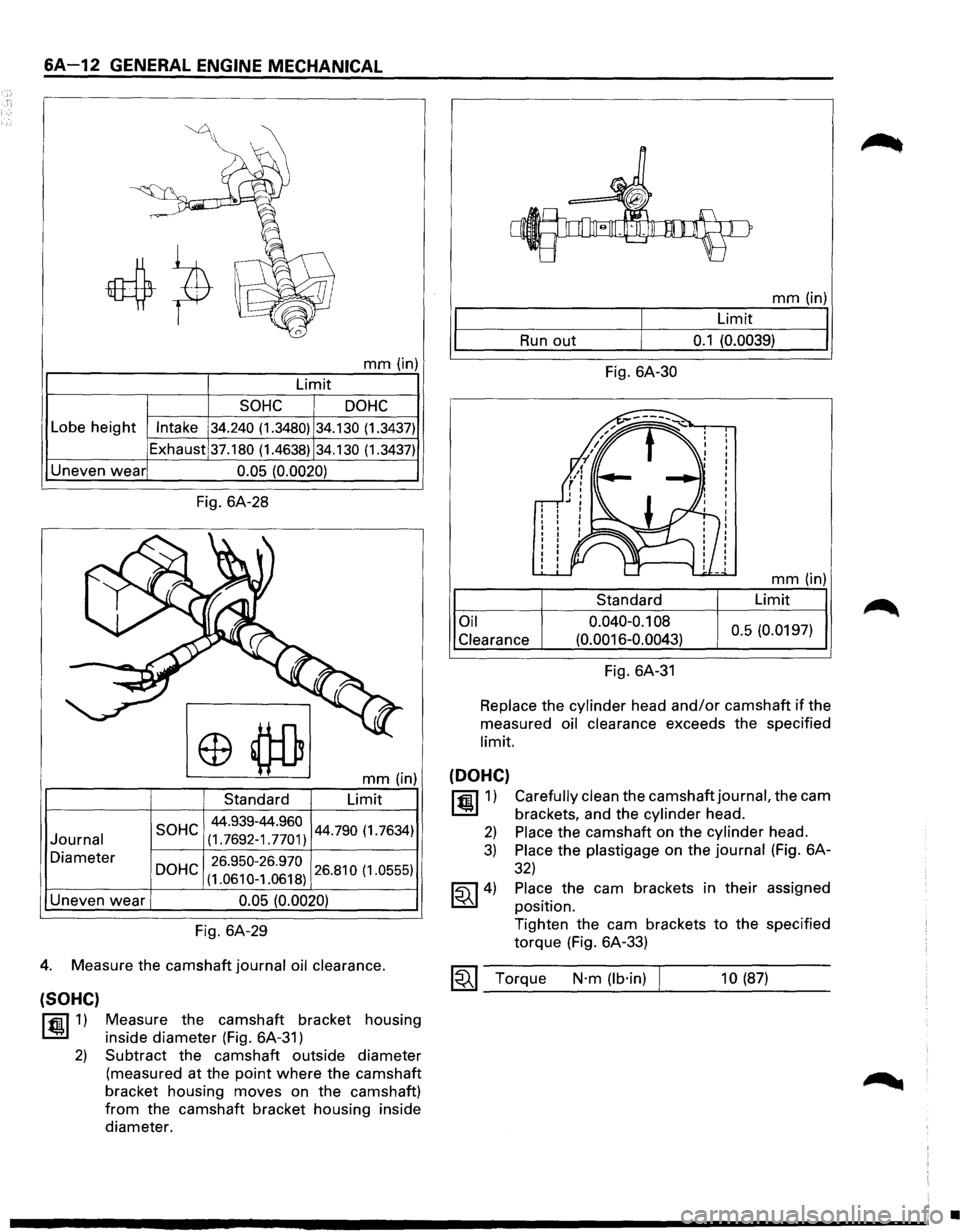 ISUZU TROOPER 1995 Workshop Manual 6A-12 GENERAL ENGINE MECHANICAL
mm (in)
Limit
SOHC DOHC
Lobe height Intake 34.240 (1.3480) 34.130 (1.3437)
Exhaust 37.180 (1.4638) 34.130 (1.3437)
Uneven wear 0.05 (0.0020)
Journal
Diameter
ISUZU TROOPER 1995 Workshop Manual 6A-12 GENERAL ENGINE MECHANICAL
mm (in)
Limit
SOHC DOHC
Lobe height Intake 34.240 (1.3480) 34.130 (1.3437)
Exhaust 37.180 (1.4638) 34.130 (1.3437)
Uneven wear 0.05 (0.0020)
Journal
Diameter