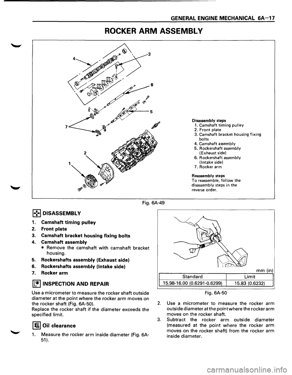 ISUZU TROOPER 1995  Workshop Manual GENERAL ENGINE MECHANICAL 6A-17 
ROCKER ARM ASSEMBL V 
Disassembly steps 1. Camshaft  timing pulley 2. Front plate 3. Camshaft  bracket housing  fixing 
bolts 4. Camshaft assembly 5. Rockershaft assem