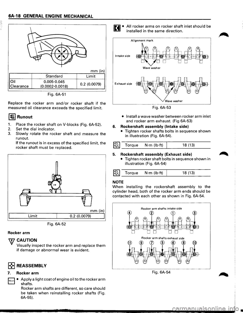 ISUZU TROOPER 1995  Workshop Manual 6A-18 GENERAL ENGINE  MECHANICAL 
Oil 
Clearance 
Standard 
0.005-0.045 
(0.0002-0.0018) 
Fig.  6A-51 
mm (in) 
Limit 
0.2  (0.0079) 
Replace the  rocker  arm and/or rocker shaft if the 
measured 
oil