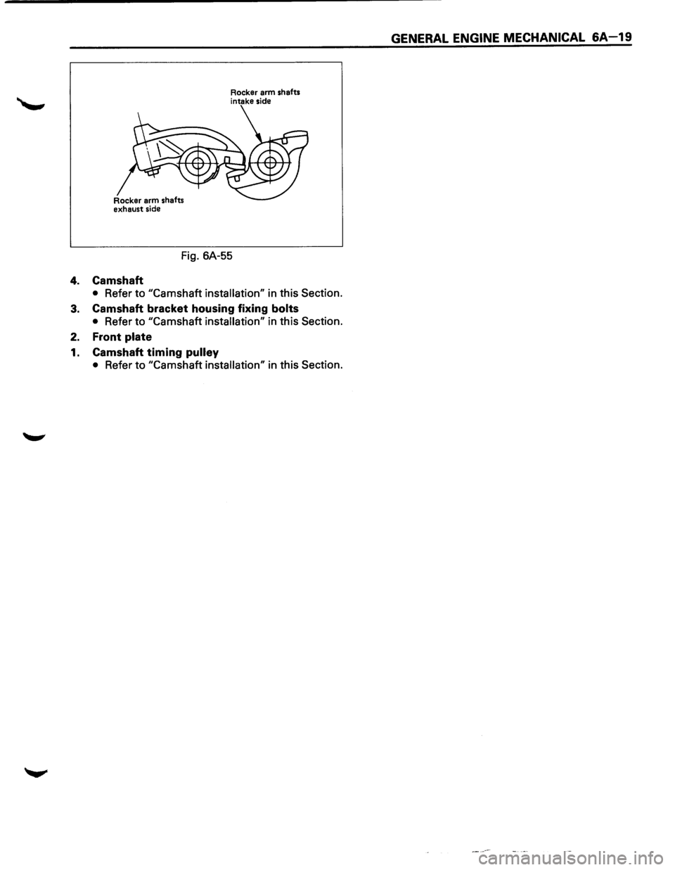 ISUZU TROOPER 1995 Workshop Manual Rocker arm shafts
intake side
Fig. 6A-55
4. Camshaft
• Refer to "Camshaft installation" in this Section.
3. Camshaft bracket housing fixing bolts
• Refer to "Camshaft installation" in ISUZU TROOPER 1995 Workshop Manual Rocker arm shafts
intake side
Fig. 6A-55
4. Camshaft
• Refer to "Camshaft installation" in this Section.
3. Camshaft bracket housing fixing bolts
• Refer to "Camshaft installation" in