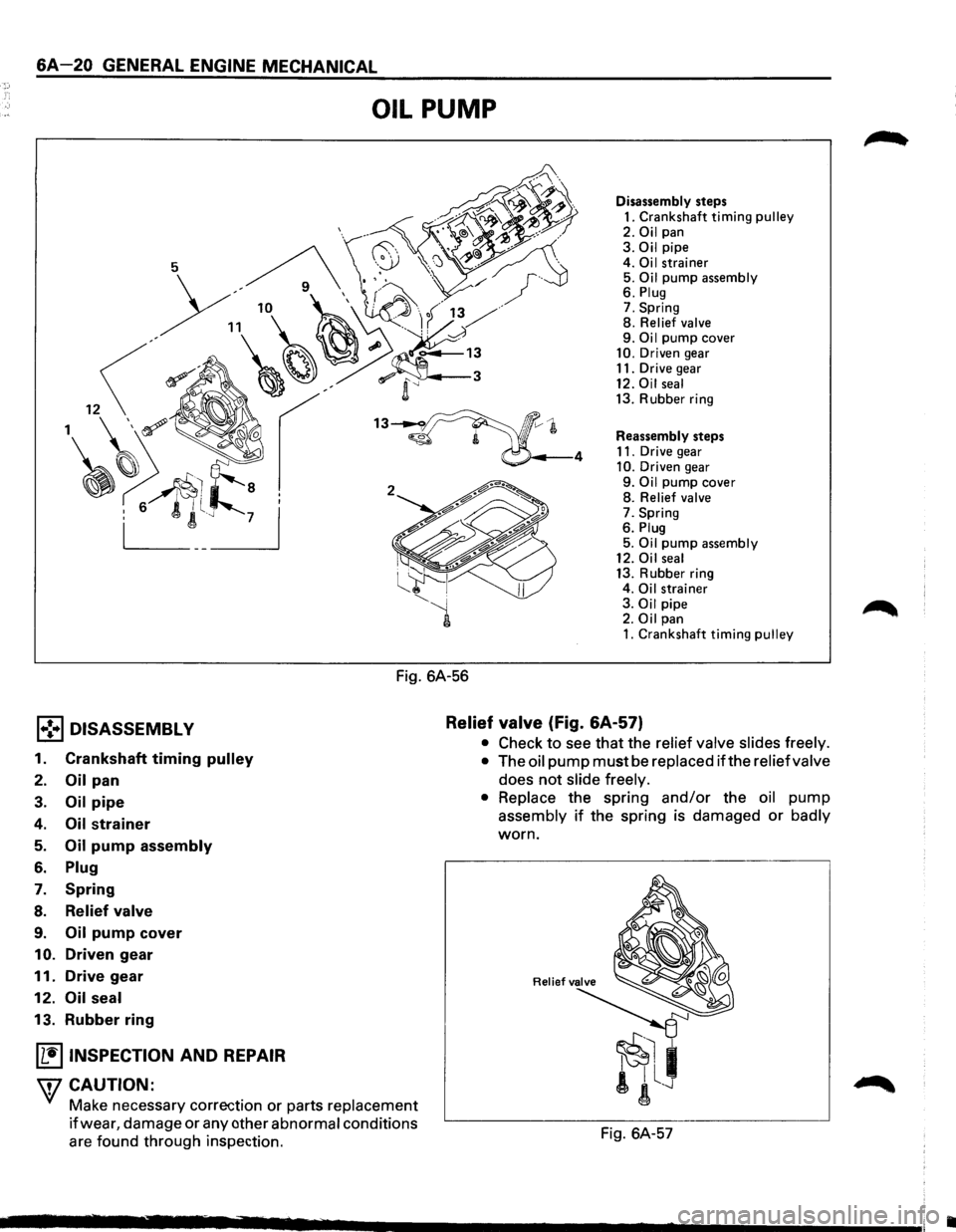 ISUZU TROOPER 1995 Owners Guide 6A-20 GENERAL ENGINE MECHANICAL 
OIL PUMP 
Fig. 6A-56 
Disassembly steps 1. Crankshaft timing pulley 2. Oil pan 3. Oil pipe 
4. Oi  I strainer 5. Oil pump assembly 6. Plug 7. Spring 
8. Relief  valve 