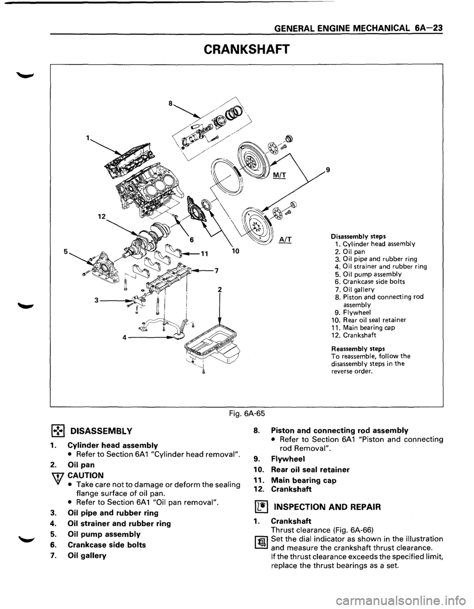 ISUZU TROOPER 1995  Workshop Manual GENERAL ENGINE MECHANICAL 6A-23 
CRANKSHAFT 
9 
5 
Disassembly steps 
1. Cylinder head assembly 
2. Oil pan 
3. Oil pipe and rubber ring 
4. Oil strainer and rubber ring 
5. 
Oil pump assembly 6.  Cra