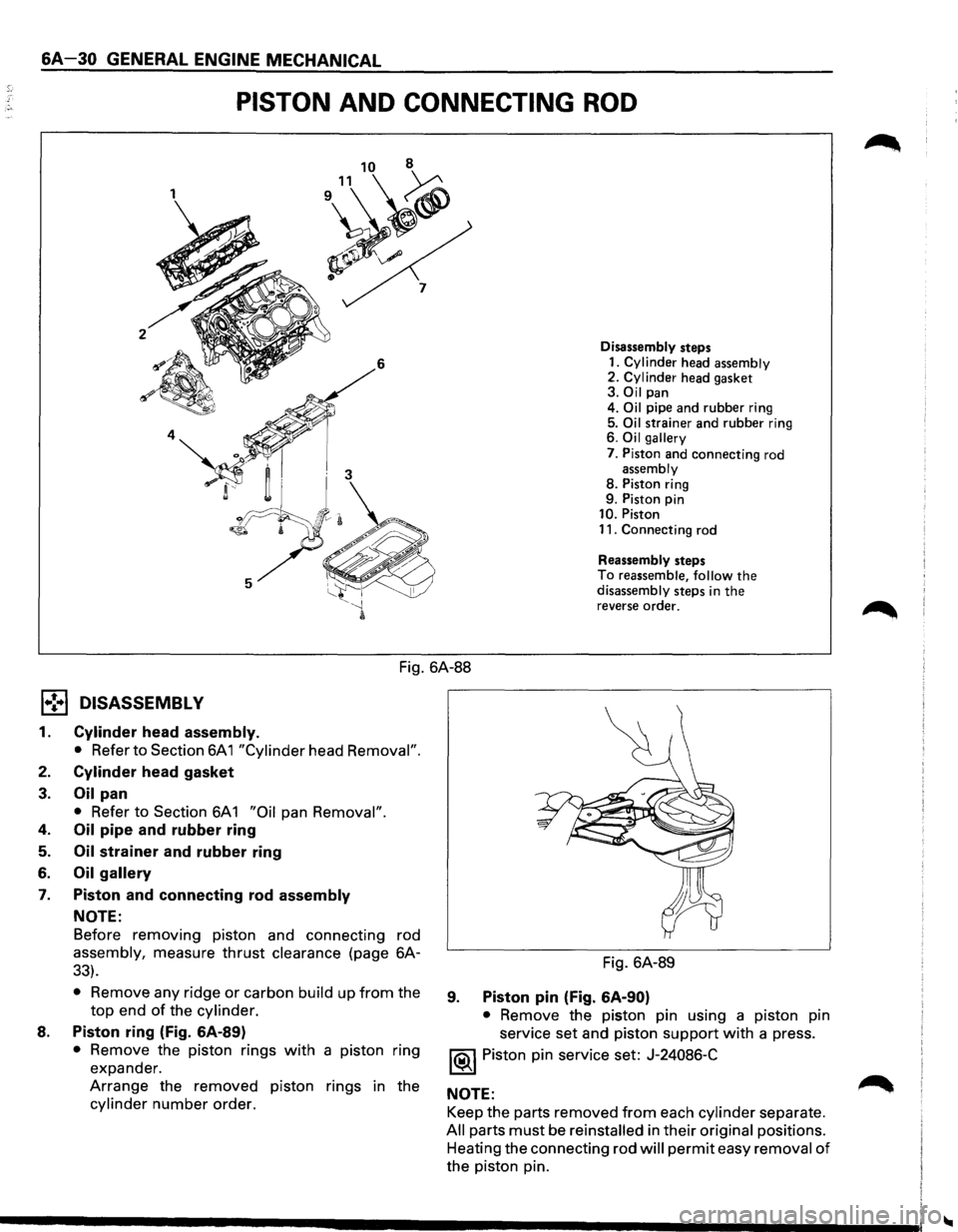 ISUZU TROOPER 1995 Owners Manual 6A-30 GENERAL ENGINE MECHANICAL
PISTON AND CONNECTING ROD
1
~~ $ 7
2 6 Disassembly
steps
1. Cylinder head assembly 2. Cylinder head gasket 3. Oil pan
4. Oil pipe and rubber ring
5. Oil strai ISUZU TROOPER 1995 Owners Manual 6A-30 GENERAL ENGINE MECHANICAL
PISTON AND CONNECTING ROD
1
~~ $ 7
2 6 Disassembly
steps
1. Cylinder head assembly 2. Cylinder head gasket 3. Oil pan
4. Oil pipe and rubber ring
5. Oil strai
