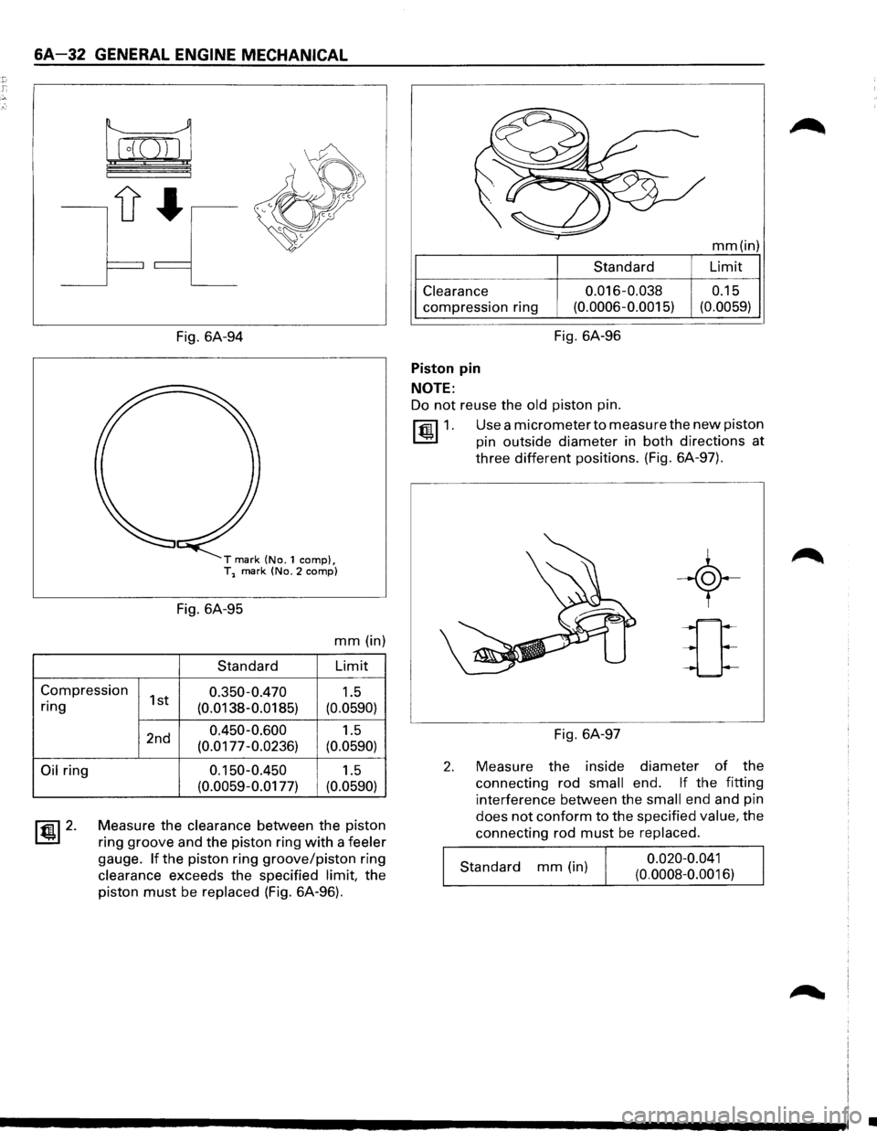 ISUZU TROOPER 1995 Repair Manual 6A-32 GENERAL ENGINE MECHANICAL
Fig. 6A-94
T mark (No.1 comp}, T1 mark (No.2 comp}
Fig. 6A-95
mm (in)
Standard Limit
Compression 1st 0.350-0.470 1.5
ring
Oil ring
~ 2.
(0.0138-0.0185) (0.05 ISUZU TROOPER 1995 Repair Manual 6A-32 GENERAL ENGINE MECHANICAL
Fig. 6A-94
T mark (No.1 comp}, T1 mark (No.2 comp}
Fig. 6A-95
mm (in)
Standard Limit
Compression 1st 0.350-0.470 1.5
ring
Oil ring
~ 2.
(0.0138-0.0185) (0.05