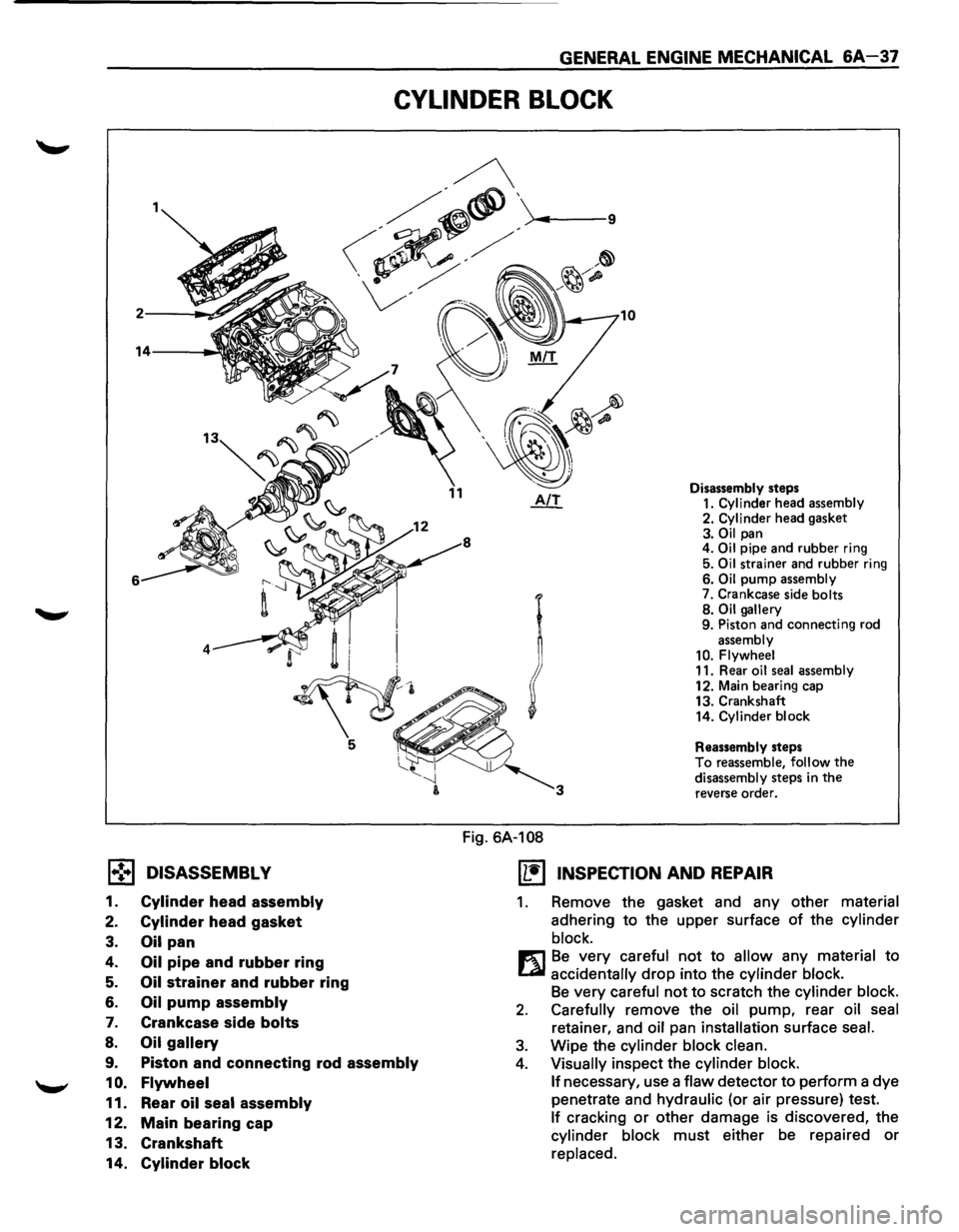 ISUZU TROOPER 1995 Repair Manual GENERAL ENGINE MECHANICAL 6A-37
CYLINDER BLOCK
1.,!•1 DISASSEMBL V
1. Cylinder head assembly
2. Cylinder head gasket
3. Oil pan
4. Oil pipe and rubber ring
5. Oil strainer and rubber ring ISUZU TROOPER 1995 Repair Manual GENERAL ENGINE MECHANICAL 6A-37
CYLINDER BLOCK
1.,!•1 DISASSEMBL V
1. Cylinder head assembly
2. Cylinder head gasket
3. Oil pan
4. Oil pipe and rubber ring
5. Oil strainer and rubber ring