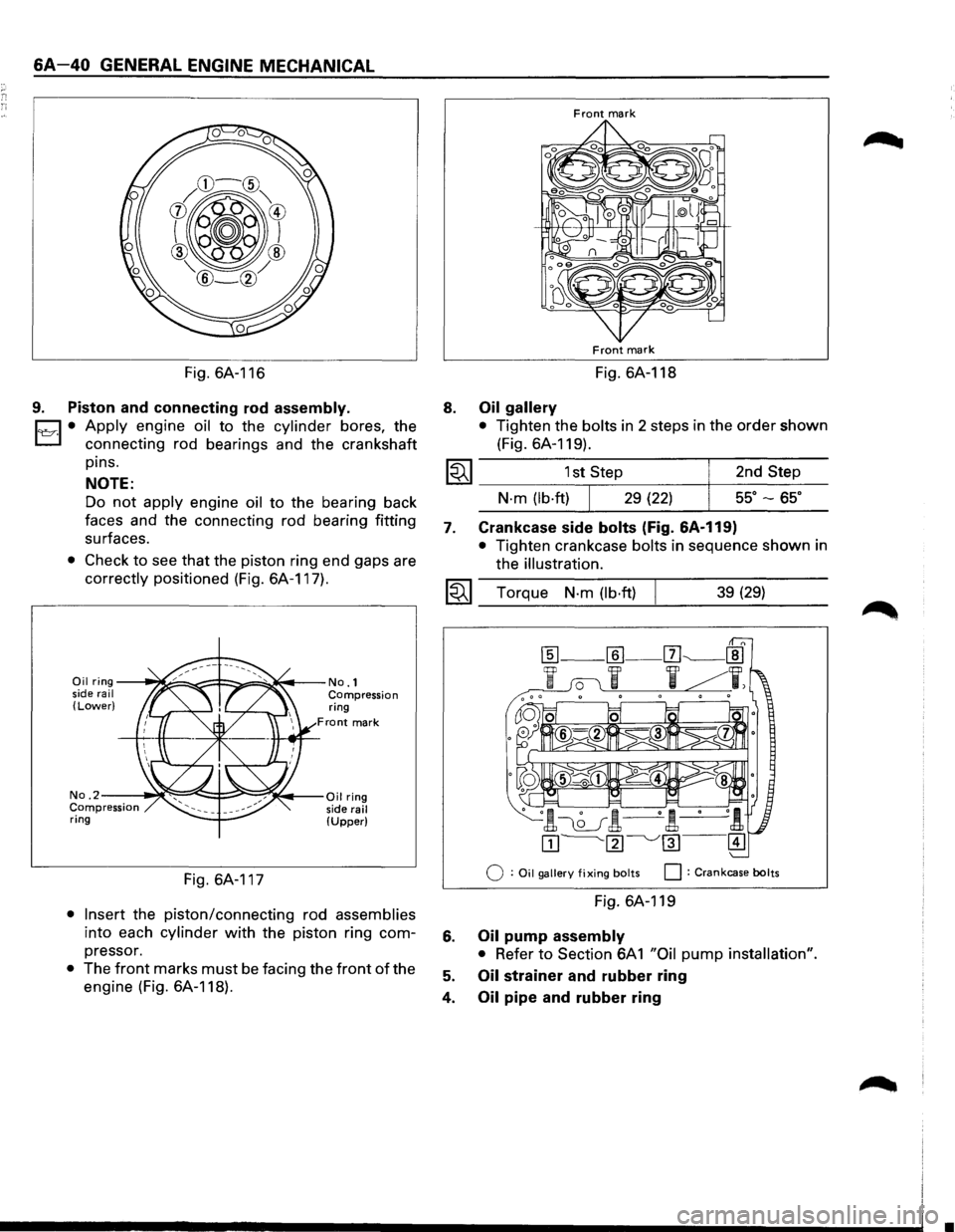 ISUZU TROOPER 1995 Service Manual 6A-40 GENERAL ENGINE MECHANICAL 
Fig. 6A-116 
9. Piston  and connecting  rod assembly. 
Cl • Apply engine oil to the cylinder bores,  the 
L:J connecting  rod bearings  and the crankshaft 
pins. 
NO