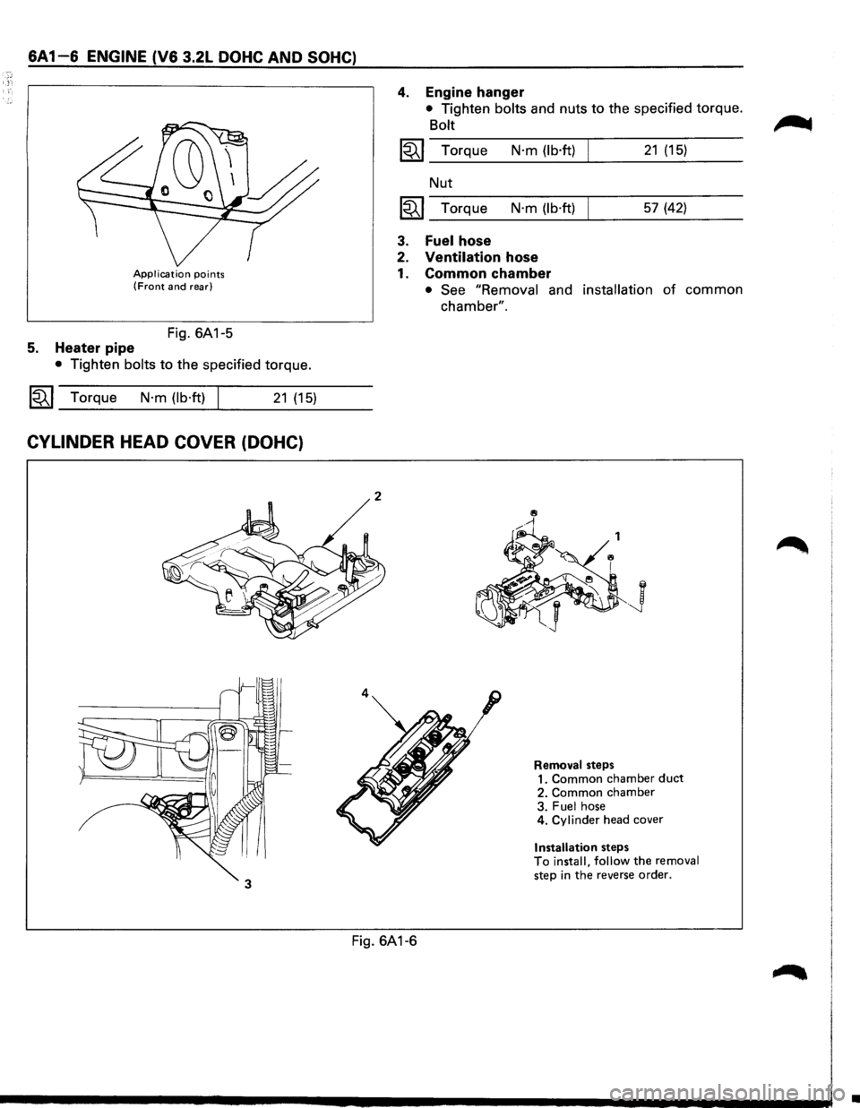 ISUZU TROOPER 1995 Owners Manual 6A1-6 ENGINE (V6 3.2L DOHC AND SOHC)
Application points (Front and rear)
Fig. 6A1-5
5. Heater pipe
• Tighten bolts to the specified torque.
~~~ Torque N·m (lb·ft) I 21 (15)
CYLINDER HEAD ISUZU TROOPER 1995 Owners Manual 6A1-6 ENGINE (V6 3.2L DOHC AND SOHC)
Application points (Front and rear)
Fig. 6A1-5
5. Heater pipe
• Tighten bolts to the specified torque.
~~~ Torque N·m (lb·ft) I 21 (15)
CYLINDER HEAD