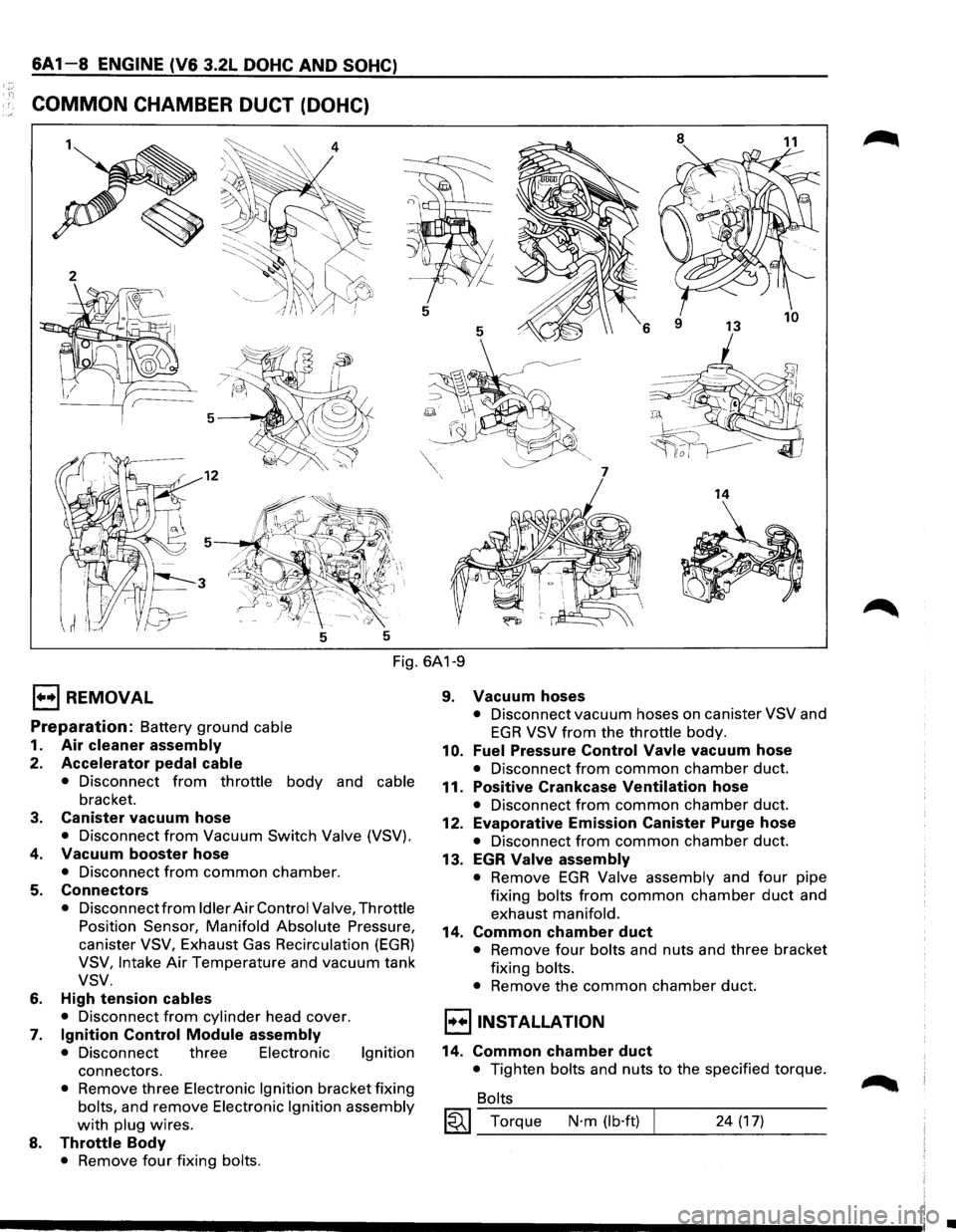 ISUZU TROOPER 1995 Repair Manual 6A1-8 ENGINE (V6 3.2L DOHC AND SOHC)
COMMON CHAMBER DUCT (DOHC)
8
11
5
5
6
7
14
5 5
Fig. 6A1-9
E) REMOVAL
Preparation: Battery ground cable
1. Air cleaner assembly
2. Accelerator peda ISUZU TROOPER 1995 Repair Manual 6A1-8 ENGINE (V6 3.2L DOHC AND SOHC)
COMMON CHAMBER DUCT (DOHC)
8
11
5
5
6
7
14
5 5
Fig. 6A1-9
E) REMOVAL
Preparation: Battery ground cable
1. Air cleaner assembly
2. Accelerator peda