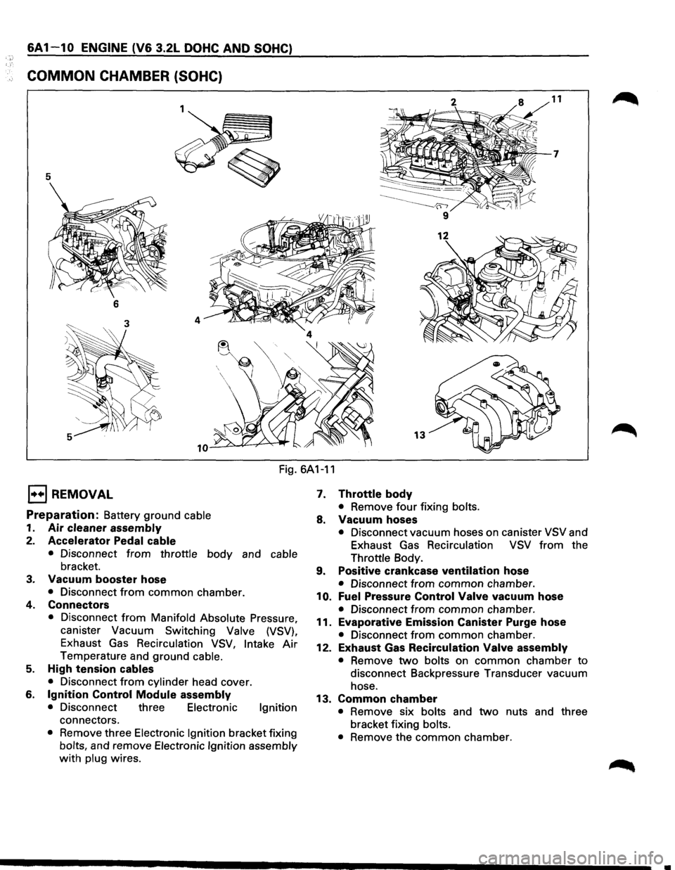 ISUZU TROOPER 1995 Repair Manual 6A 1 1 0 ENGINE (V6 3.2L DOHC AND SOHC)
COMMON CHAMBER (SOHC)
5
6
13
Fig. 6A1-11
1••1 REMOVAL
Preparation: Battery ground cable
1. Air cleaner assembly
2. Accelerator Pedal cable
†ISUZU TROOPER 1995 Repair Manual 6A 1 1 0 ENGINE (V6 3.2L DOHC AND SOHC)
COMMON CHAMBER (SOHC)
5
6
13
Fig. 6A1-11
1••1 REMOVAL
Preparation: Battery ground cable
1. Air cleaner assembly
2. Accelerator Pedal cable
â€